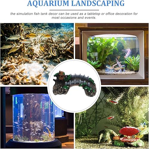 Miniatura 5 de Totority Decoración de pecera de madera flotante, puente levadizo con césped para decoración de paisajismo de acuarios, conchas de cangrejo ermitaño