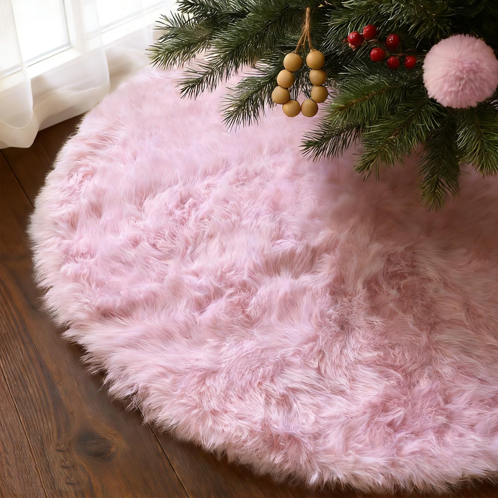 Deggodech 122cm Pink Plush Christmas Tree Skirt - Large Thick Gentle Color Faux Fur Xmas Tree Skirt, Premium Fluffy Dense Pile Floor Cover for Christmas Holiday & Party Decoration - 48 Inches