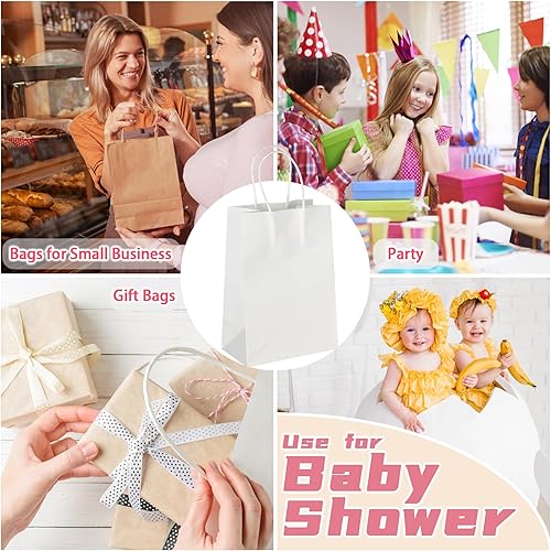 Miniatura 5 de GITMIWS Paquete de 120 bolsas blancas pequeñas de papel kraft con asas, 5.25 x 3.25 x 8.25 pulgadas, pequeñas bolsas blancas para manualidades,