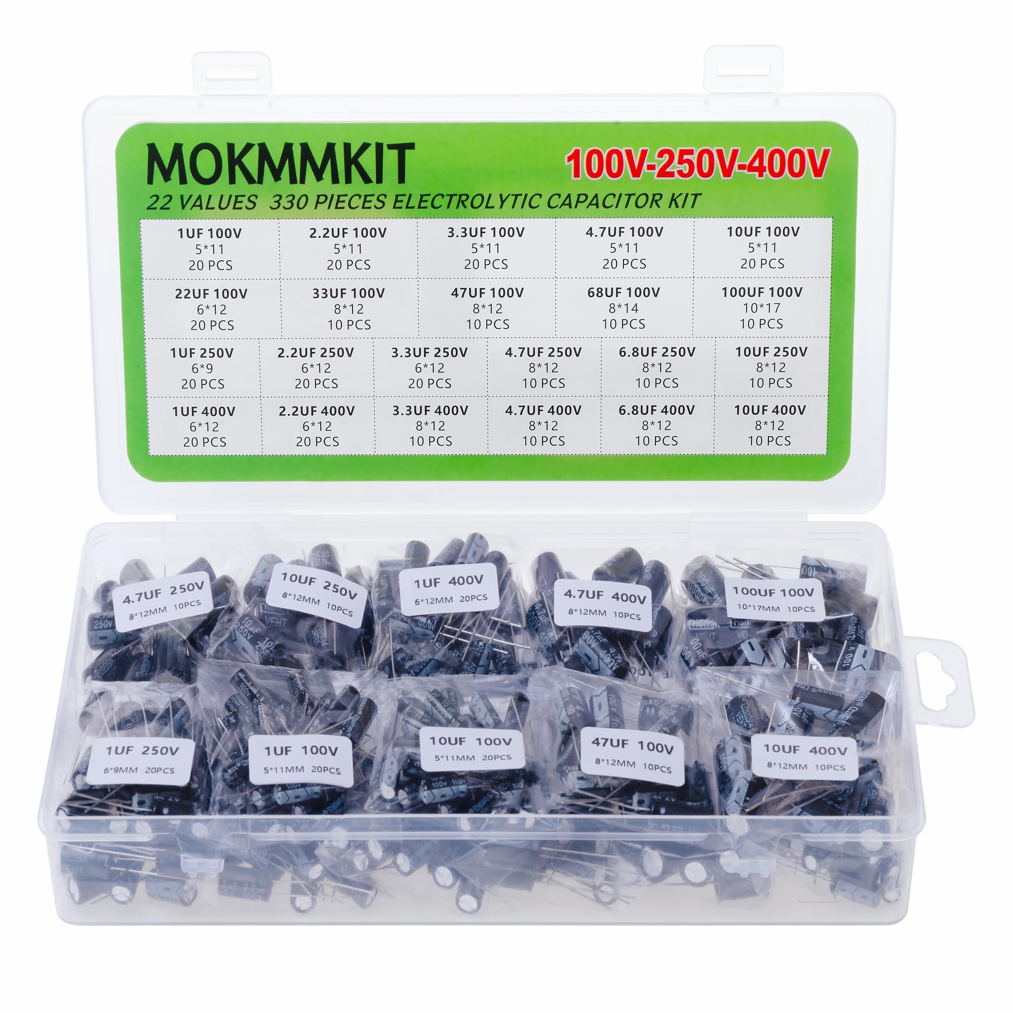 MOKMMKIT 22 Values 330 Pieces, 1uF-100uF, 100V 250V 400V, Aluminum Electrolytic Capacitor Kit, High Voltage Capacitors Assortment Set