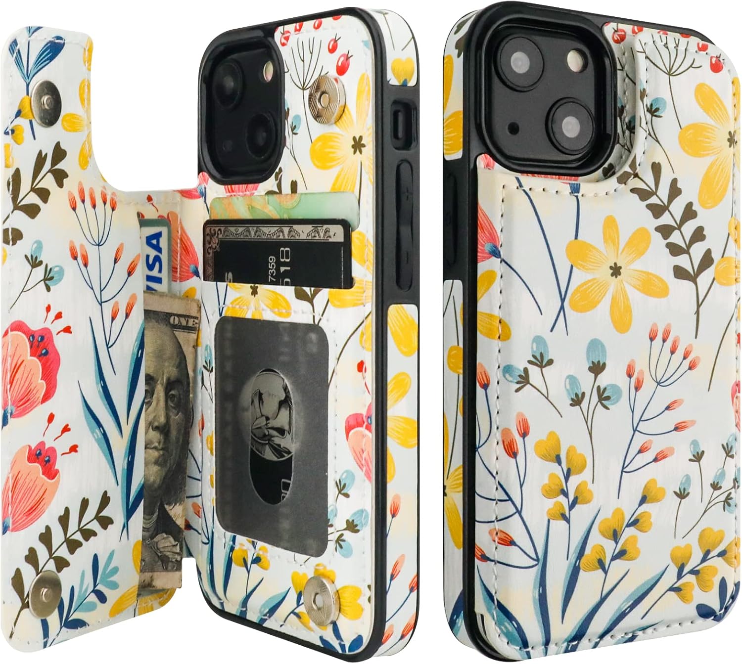 HAOPINSH for iPhone 13 Mini Case Wallet with Card Holder, Floral Flower Pattern Back Flip Folio PU Leather Kickstand Card Slots Case for Women Girls, Double Magnetic Clasp Shockproof Cover 5.4"