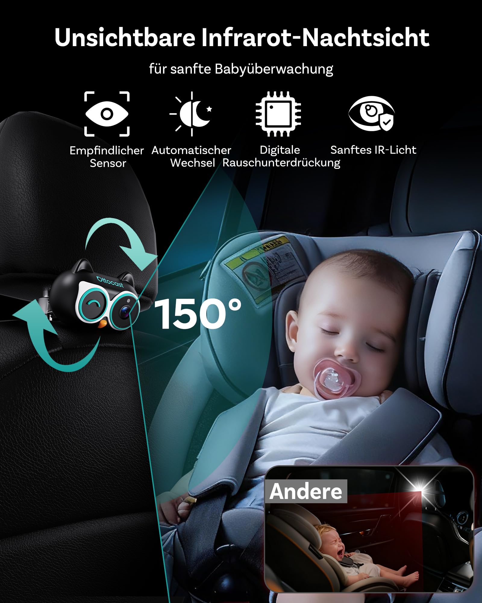 Ottocast Cabin Care CarPlay Adapter 2026, Ottocast Mini Caméra Siège Arrière 1080P, USB-A Plug & Play, Uniquement pour CarPlay Filaire d’Origine