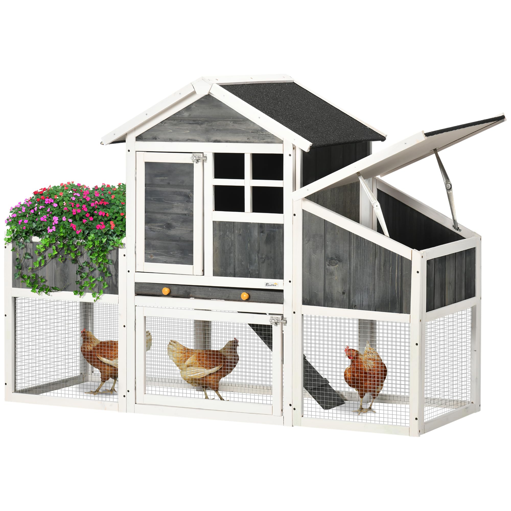 PawHut Pollaio Prefabbricato in Legno con Area Aperta, Pollaio per Galline da Esterno, Casetta per Galline e Nido per la Cova, Aiuola e Tetto in Asfalto, Grigio