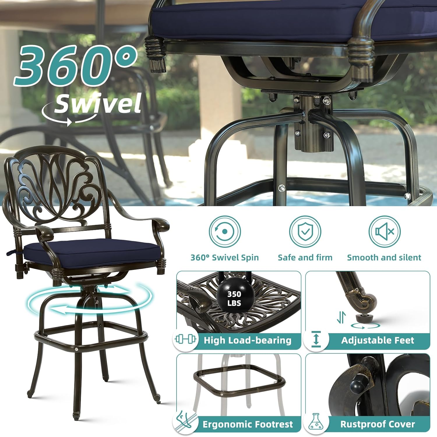 MEETWARM 5-Piece Patio Swivel Bistro Set, All-Weather Cast Aluminum Outdoor High Stool Set for Backyard Garden with 4 Cushioned Bar Chairs with Footrest and 35.4" Bar Table, 2" Umbrella Hole