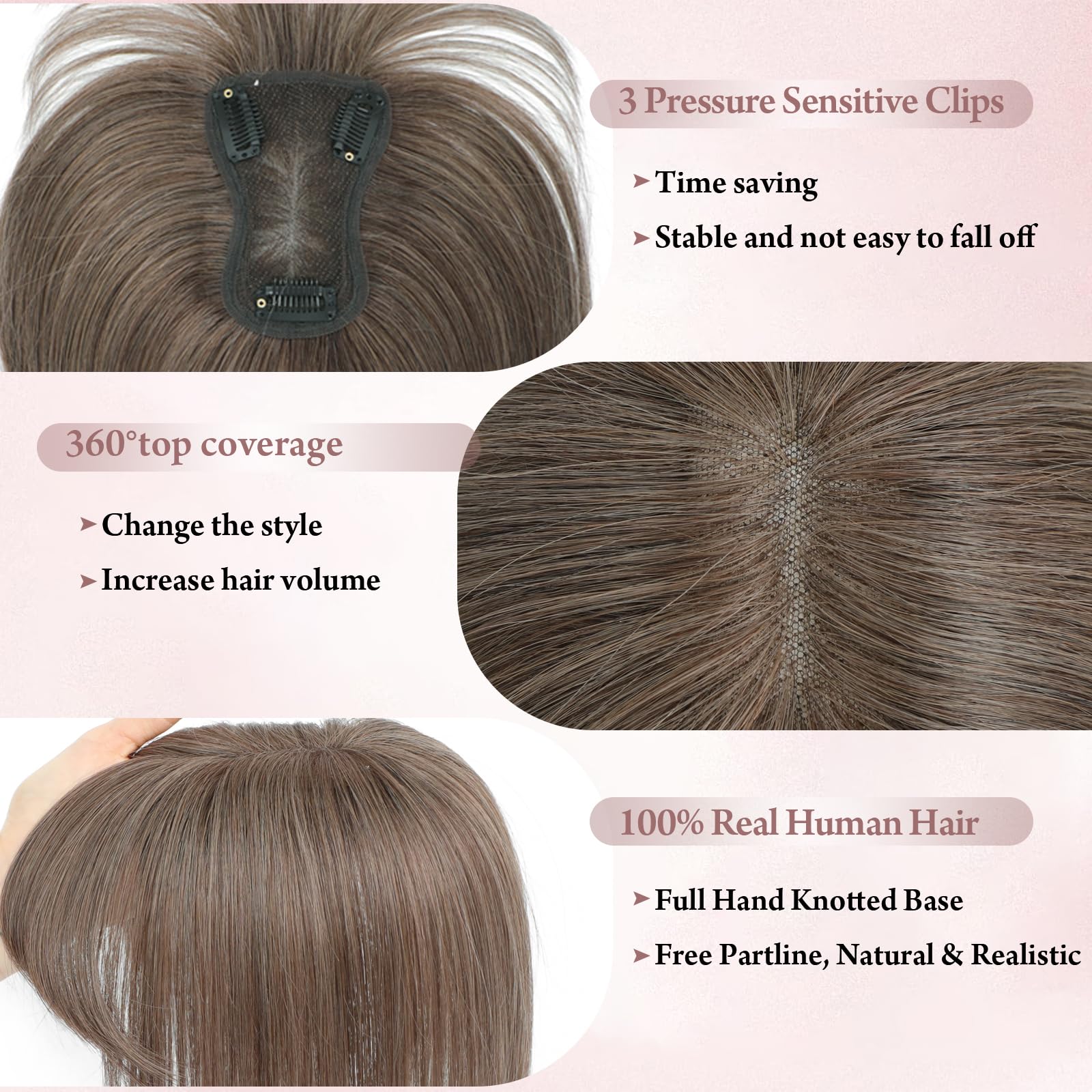 Hair Toppers for Thinning Hair Toppers for Women Real HumanHair Topper with Fringe HairPieces for Women with ThinningHair Swiss Base10Inch(Medium Auburn Brown) - Image 4