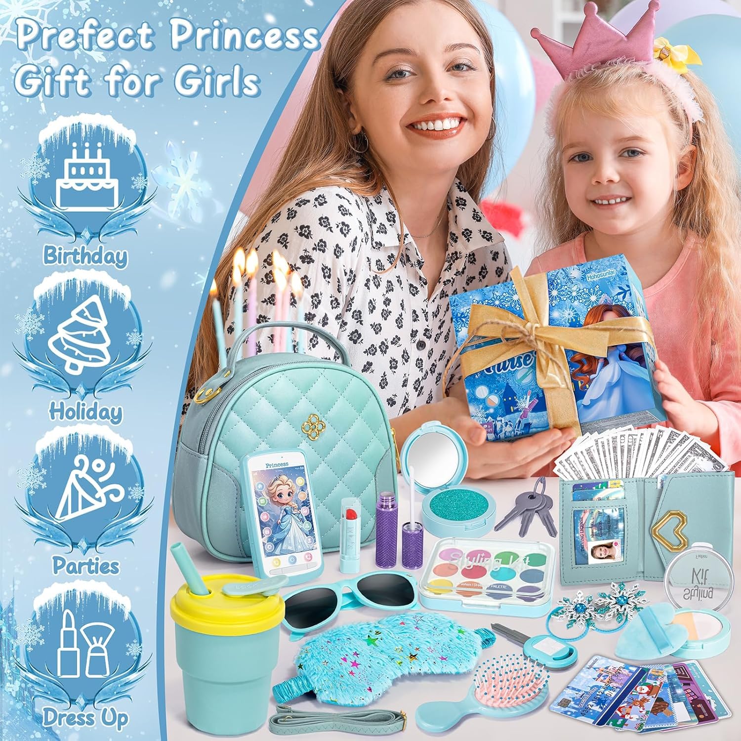 Hohosunlar Play Purse for Little Girl, Toddler Purse Play Set with Accessories, Princess Toy Pretend Makeup, Frozen Handbag, Wallet, Water Bottle, Birthday for 3 4 5 6 7 8 Year Old Girl