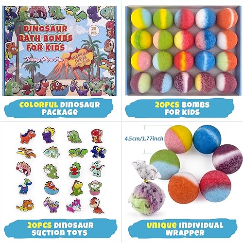 Miniatura 2 de 20 bombas de baño para niños con juguetes de succión de dinosaurio en el interior, bombas de baño sorpresa orgánicas naturales para niñas y niños en