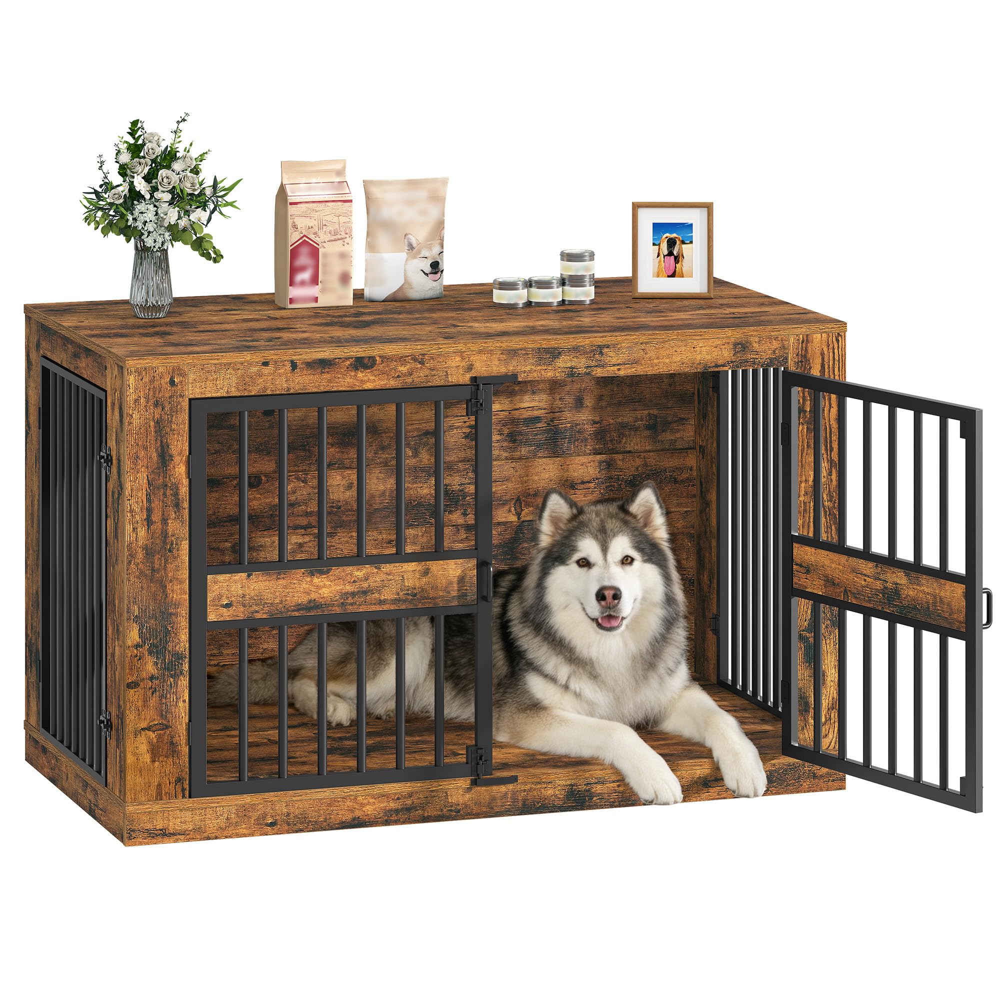 Hzuaneri Cage pour Chien, 120 cm Niche d'Intérieur en Bois Design Moderne 4 Portes, XXL Table d'Appoint Salon pour Chien Moyens et Grands, 120 x 75,5 x 87 cm, Marron Rustique 9220101B