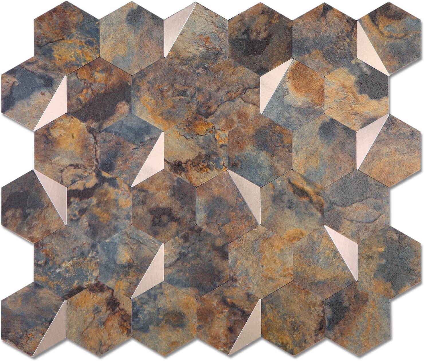 OYASIMI Hexagon Peel and Stick Backsplash Tile,Rusty Stone Metal Gold 3D PVC Wall Tiles Stick on Backsplash for Kitchen and Bathroom Sample