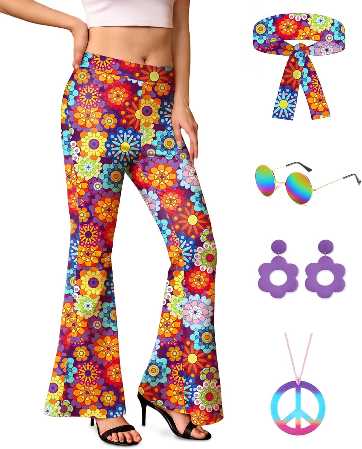 For G and PL Women's 5 Pcs 70s Hippie Costume Disco Flared Pants High Waist Bell Bottom Outfits
