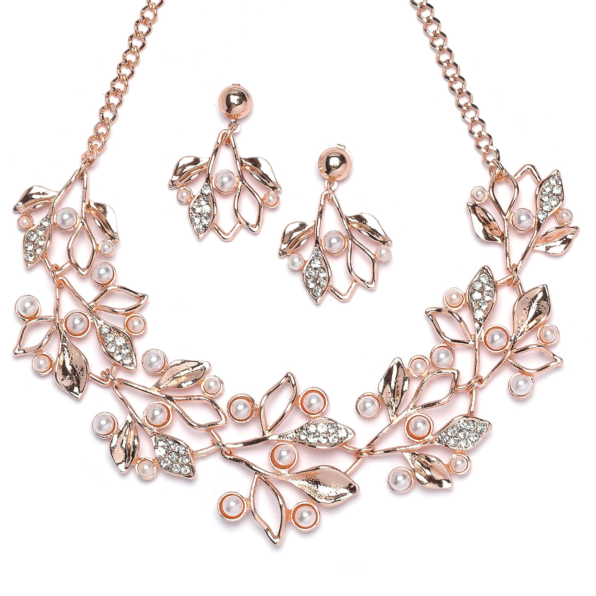KENNICE Rose Gold-Plated Cubic Zirconia & White Pearls Studded Necklace With Earrings Jewellery Set For Girls and Women (B0CVFWLJLK) Amazon Price History, Amazon Price Tracker