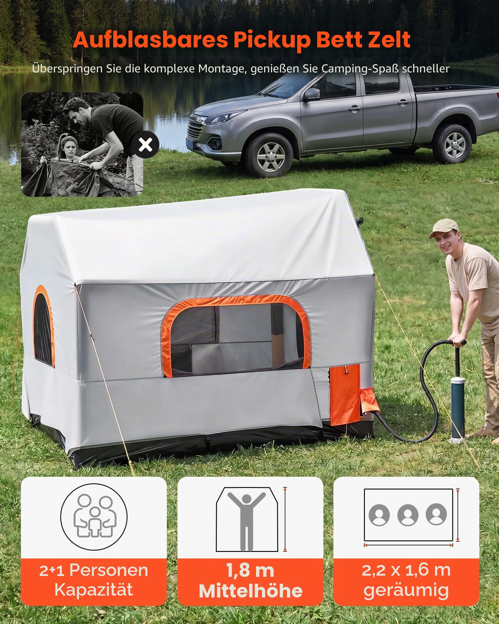 VEVOR Aufblasbares Campingzelt für Ladefläche 219 x 165 x 183 cm, Pickup Zelt Wasserdicht (PU2000 mm) mit Belüfteten Netzfenstern, ideal für Camping Wandern Outdoor-Aktivitäten inklusive Luftpumpe