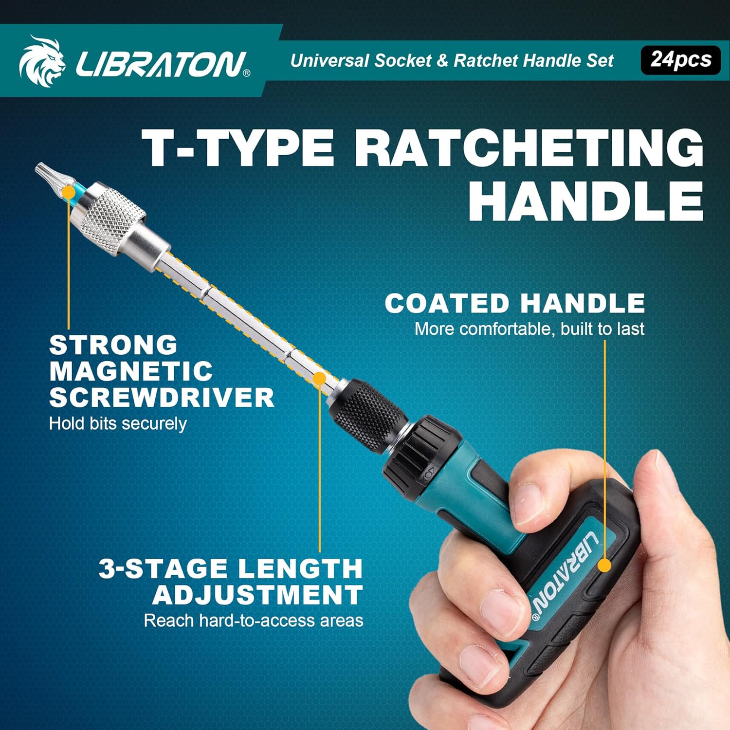LIBRATON 24PCS Universal Socket & Ratchet T-Handle Screwdriver Set with Multi Bit Set, Magnetic Ratcheting Handle, Socket Adapter, with Storage Case, for DIY, Auto Repair