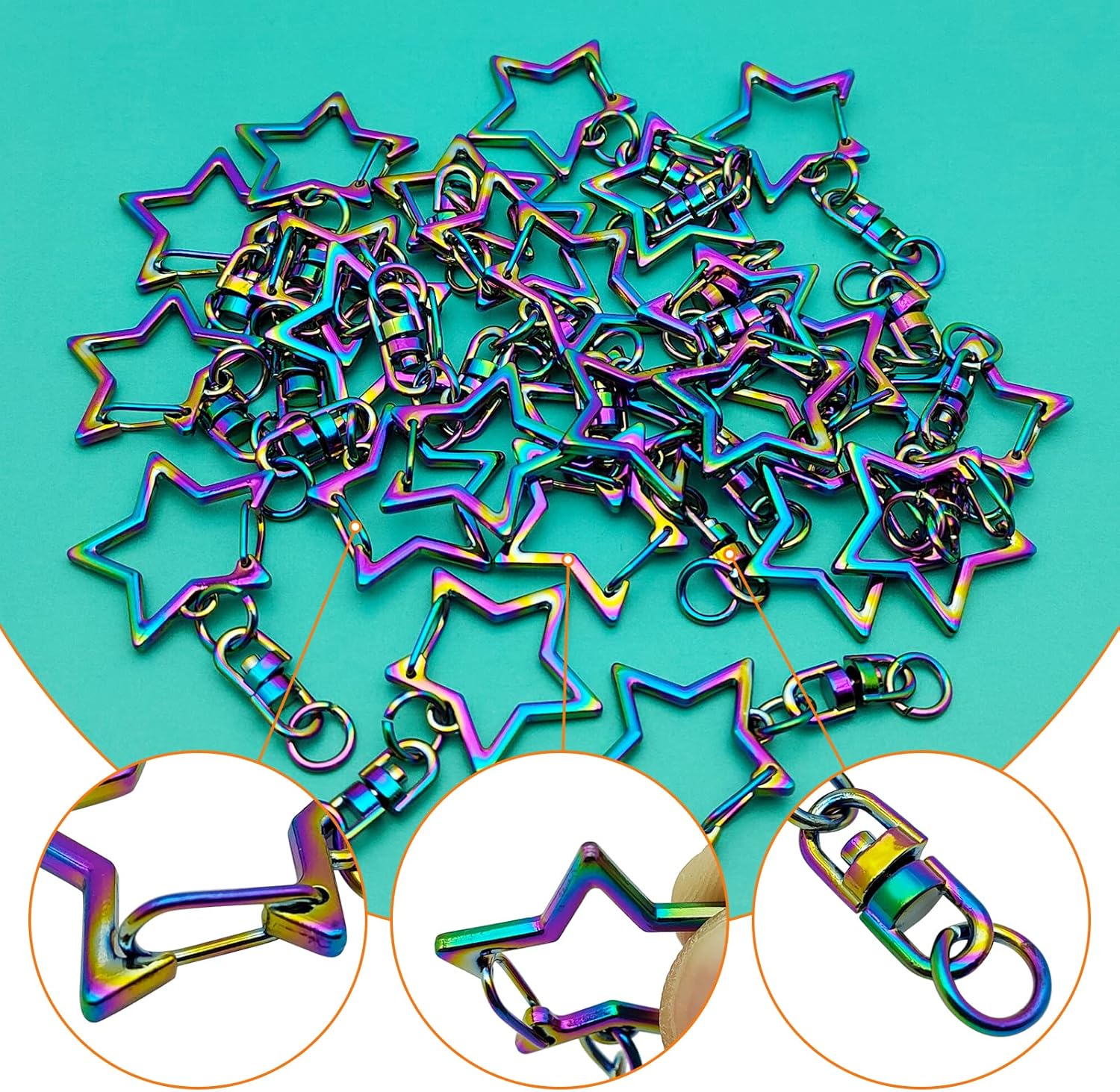30pcs Star Shaped Spring Snap Keychain Clip,Metal Swivel Clasp Snap Hook Key Ring with Chain Hanging Buckle with Open Jump Ring Connector for DIY Crafts Key Ring Making,Bag Accessories(Rainbow) - Image 3