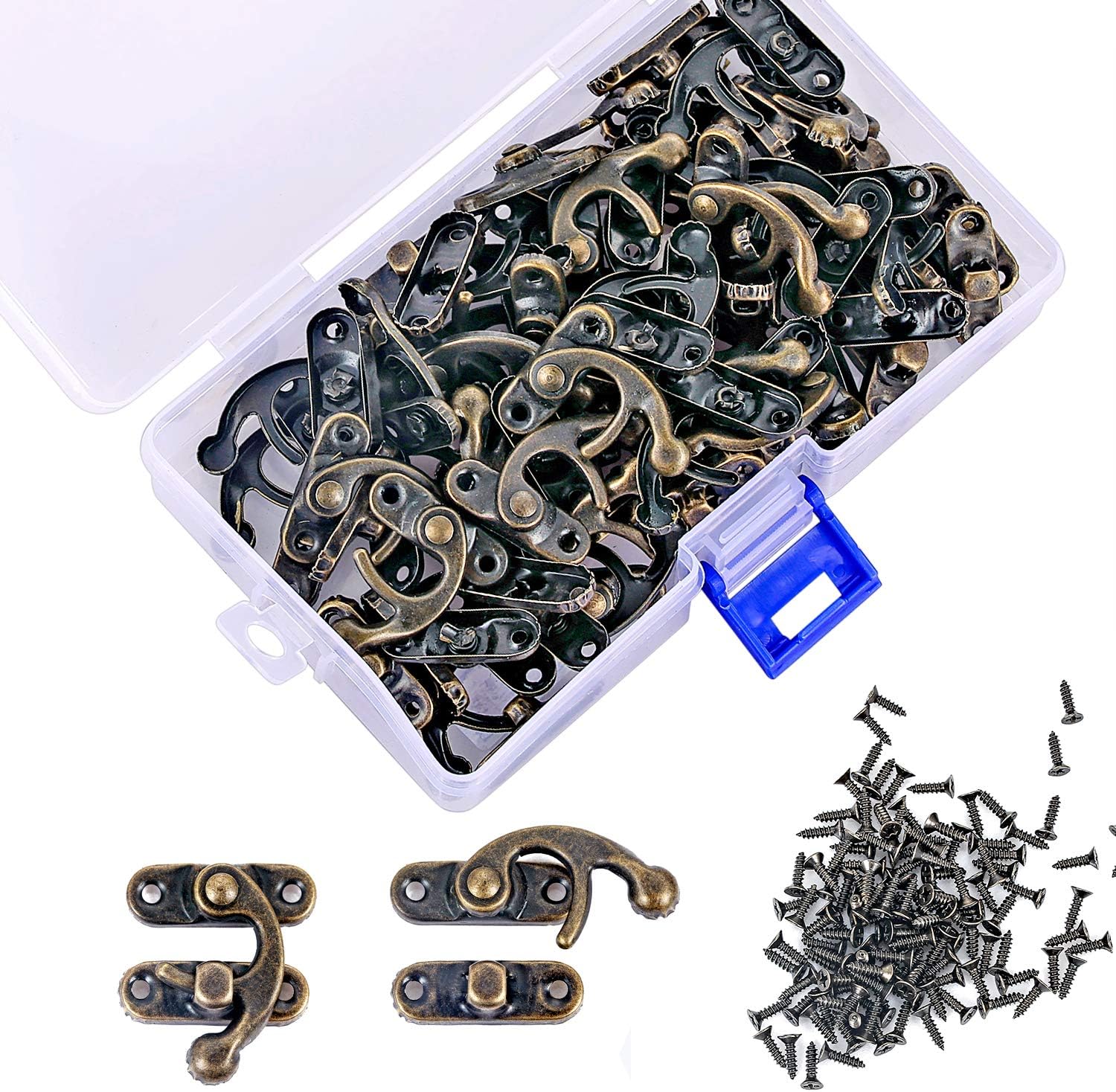 40 Pieces Jewelry Box Latch Hook - Bronze Wooden Cabinet Latch, Antique Box Latch, Right Latch Hook Hasp Horn Lock, Tiny Lock Hook Clasp with 160 Replacement Screws (Right Latch Buckle)