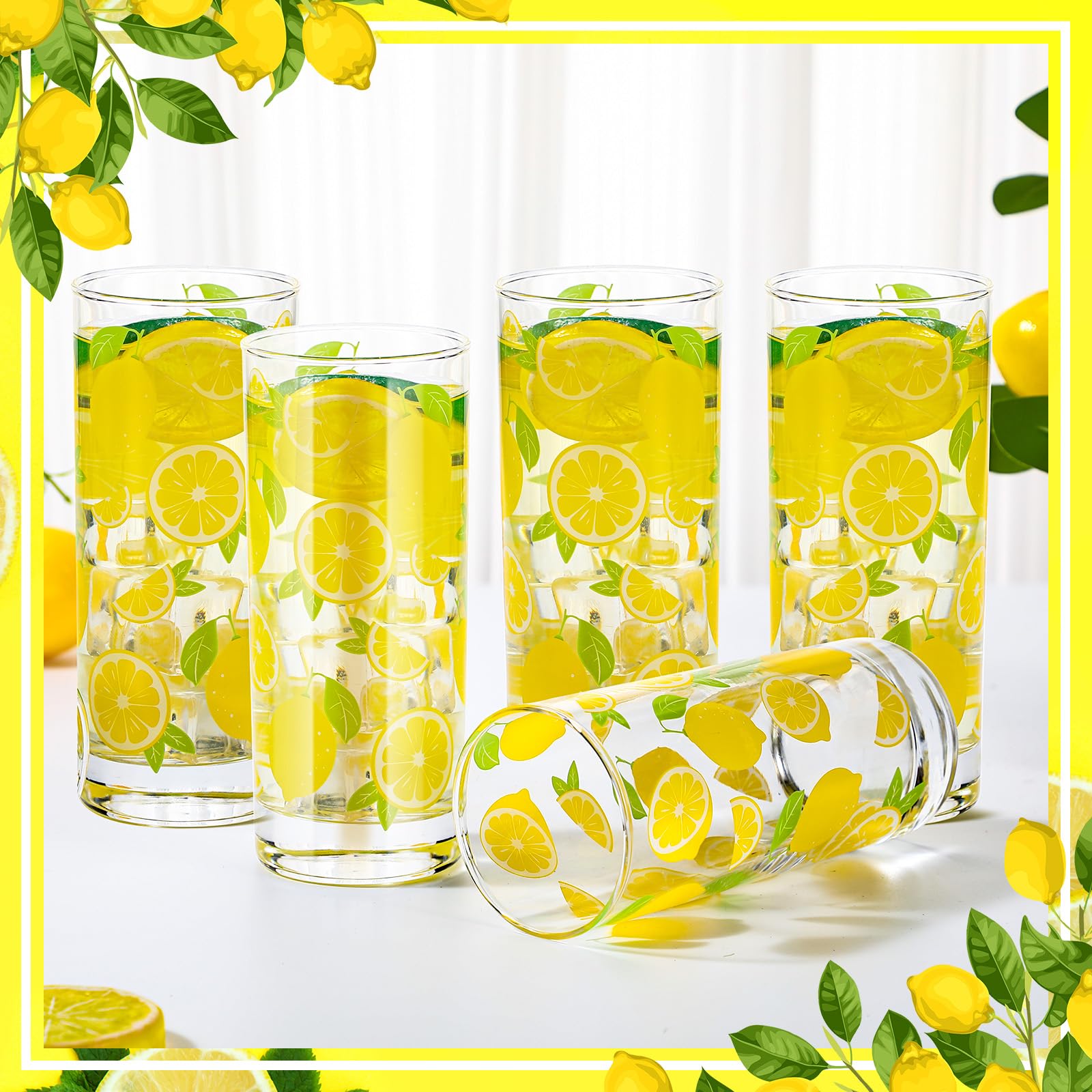 LemonRoad Highball-Gläser mit Zitronenmuster, 284 ml, Zitronen-Trinkgläser, Sommer-Trinkgeschirr oder Eistee, Cocktails, Saft-Sommer-Zitrusmotive, 6 Packungen