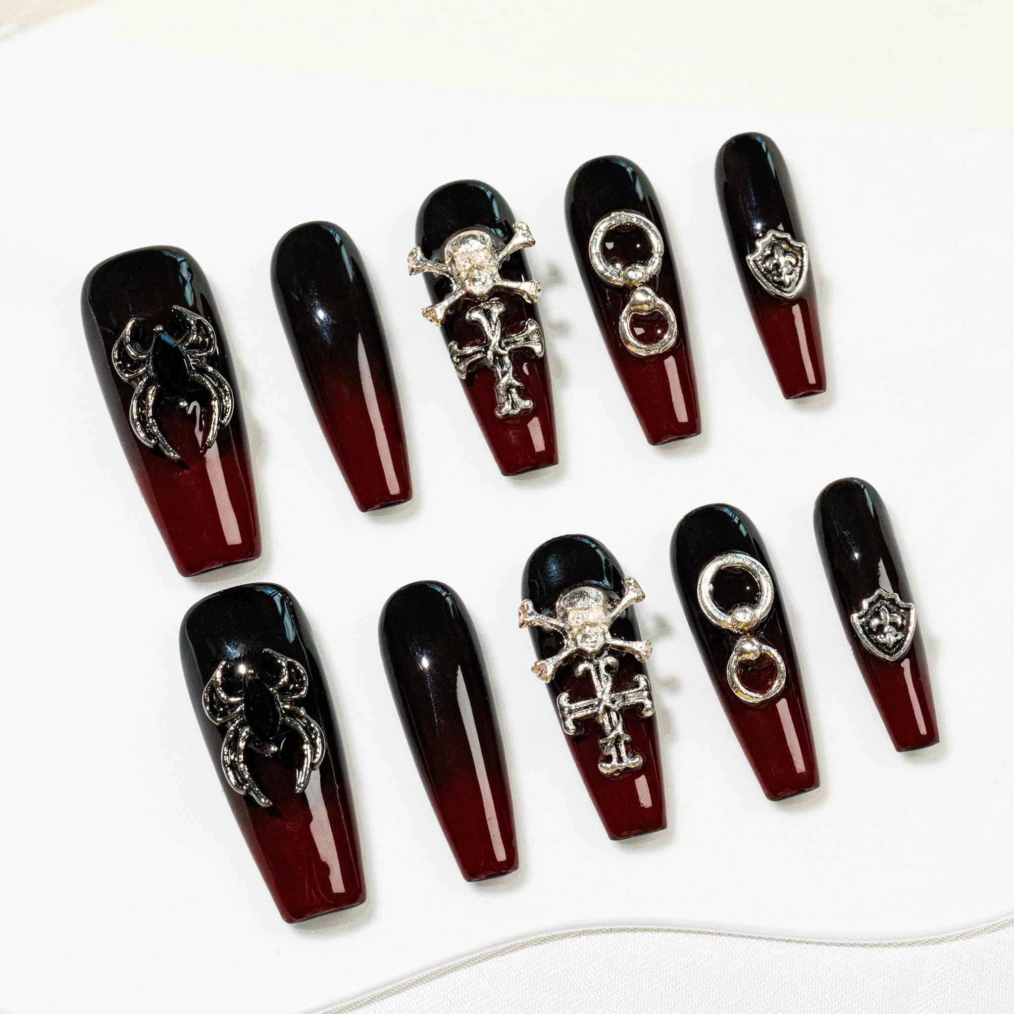 Sun&Beam Nails Handmade Press-on Long Coffin Ballerina Red White Black Silver Glam Halloween Ombre Design Fashion False Nail Tips 10 Pcs Set (#189 M) — view 36