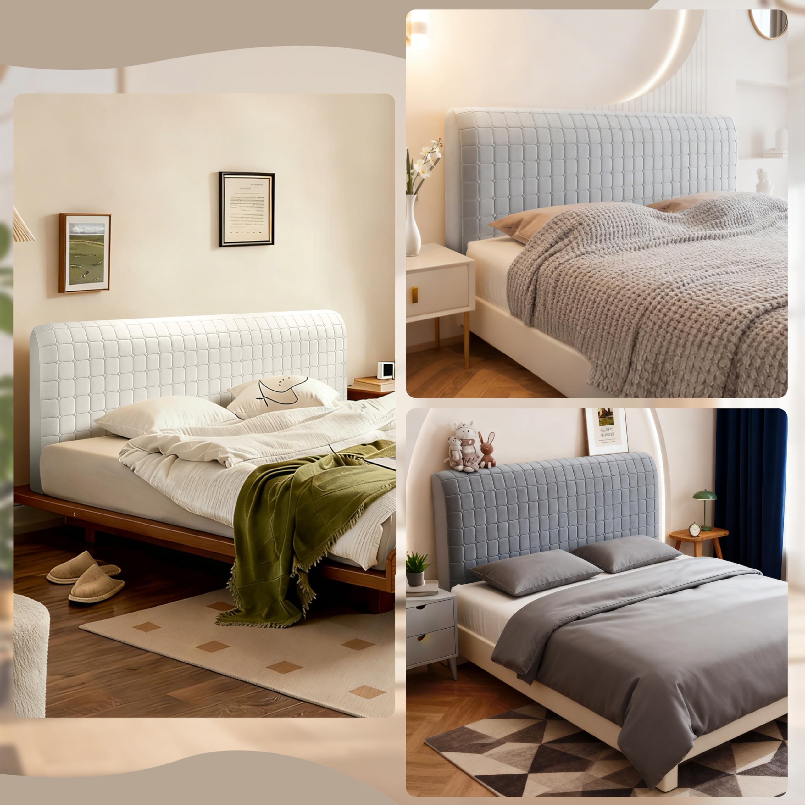Funda para Cabecero de Cama Cuadrados Pequeños Fundas Cabecero Cama Terciopelo Suave Funda Grueso para Dormitorio Cabeceros Blanco Roto 160cm