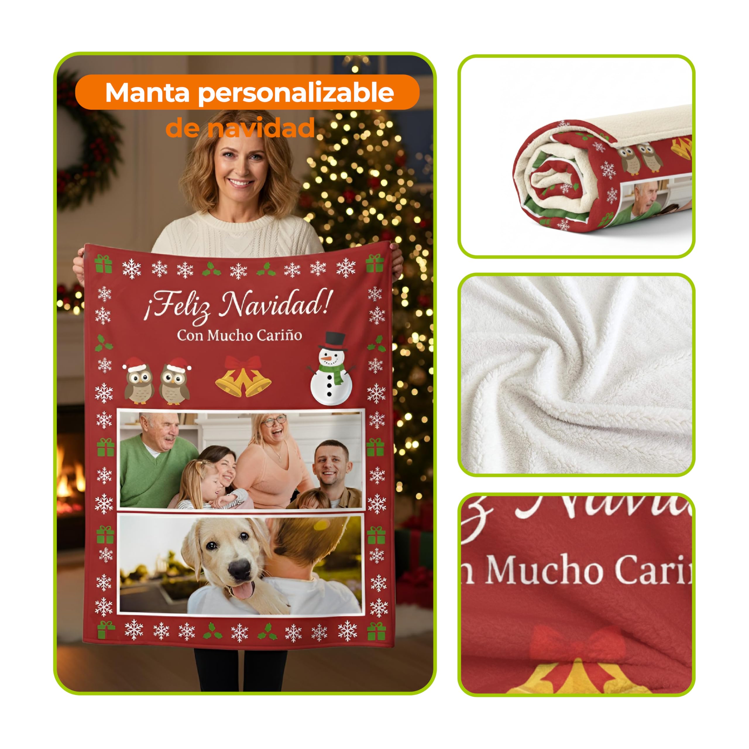 Manta Navideña Personalizada con Foto y Nombre (3 Fotos, 150X230)