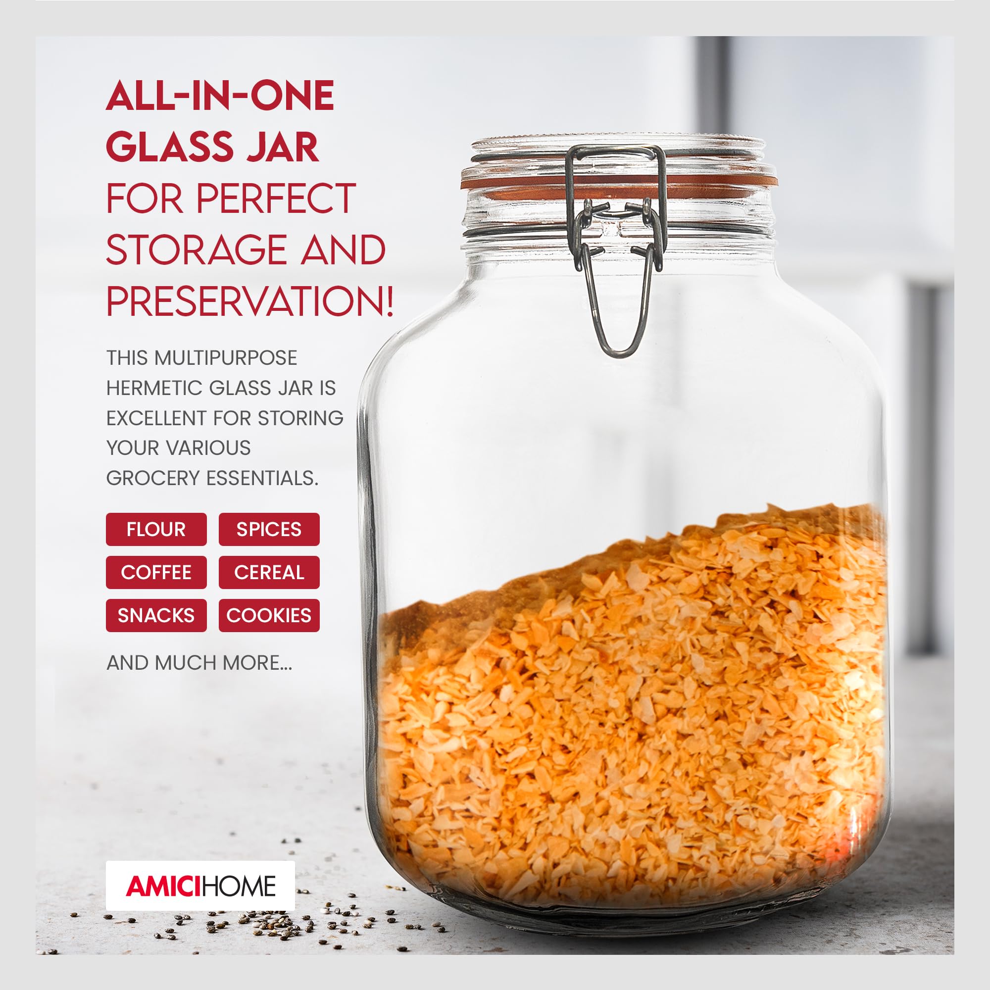 Amici Home Glass Hermetic Preserving Canning Jar | Italian Made Storage Jar with Airtight Hinged Clamp Lid | Kitchen Canister for Flour, Cereal, Coffee, and Pasta (105 Oz)