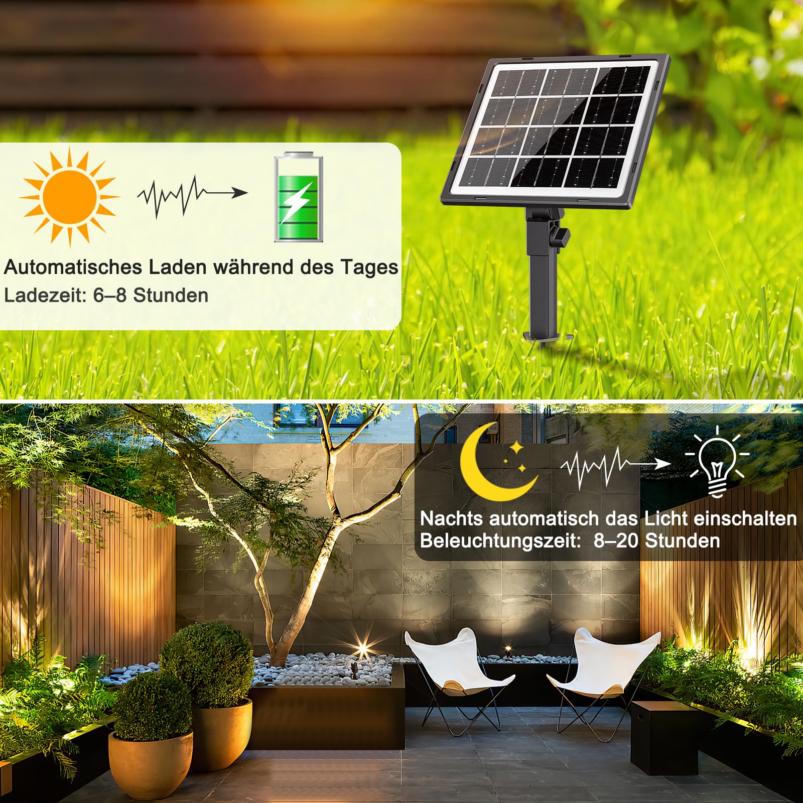 MEIKEE Reflektory słoneczne na zewnątrz, 2700 K, ciepła biel, 3 jasność, 2 tryby dynamiczne, solarne oświetlenie ogrodowe, 6000 mAh, wodoszczelność IP66, idealny do ogrodów, patio, tarasów, drzew