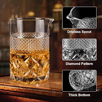Cocktail Mixing Glass, 22oz Crystal Pitcher Thick Base Design Bartending Glasses - Barware Essentials