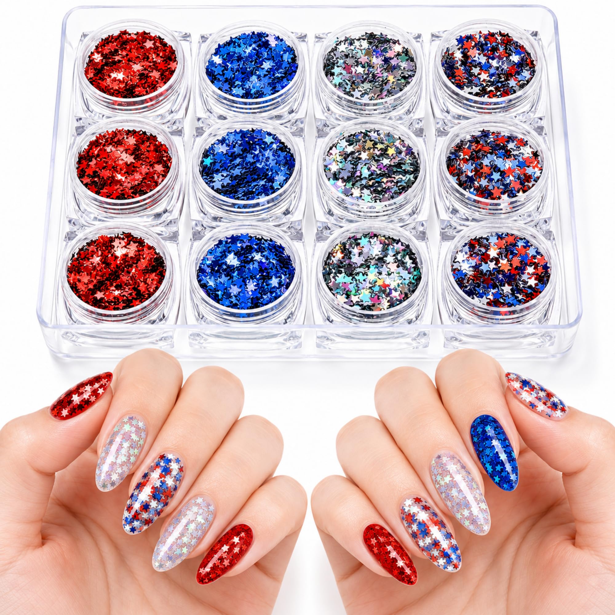 12 Boxes 4th of July Nail Art Star Glitter Nail Decals Labor Day Patriotic Red Blue White Sequins Art Confetti Star Shaped Manicure Decorations for Eye Face Body Decorations DIY Crafts