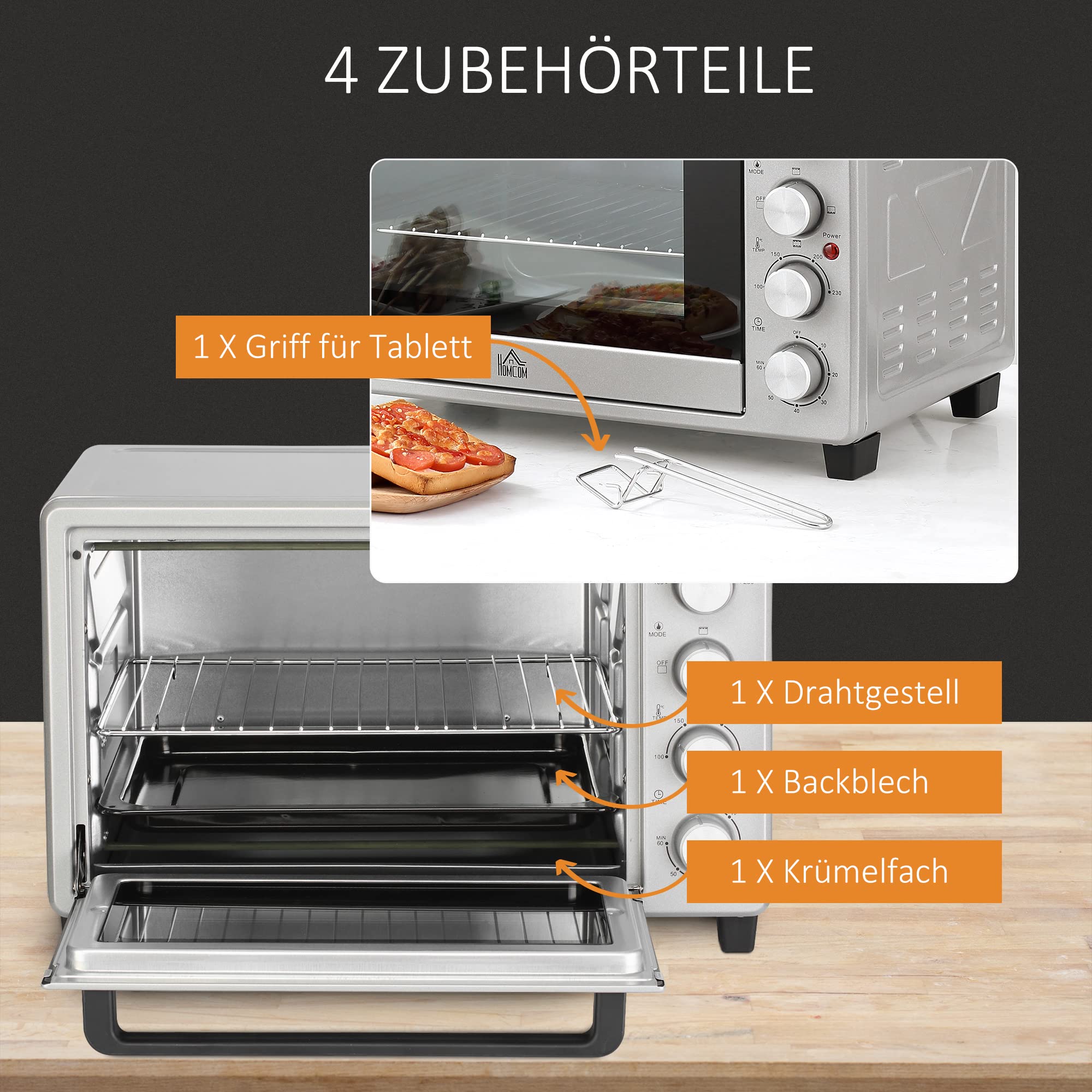 HOMCOM minipiekarnik 32 l z płytami grzewczymi elektryczny piekarnik mini dno z tacką na okruchy metal stal nierdzewna szkło kolor srebrny 52,2 x 38,1 x 33,5 cm