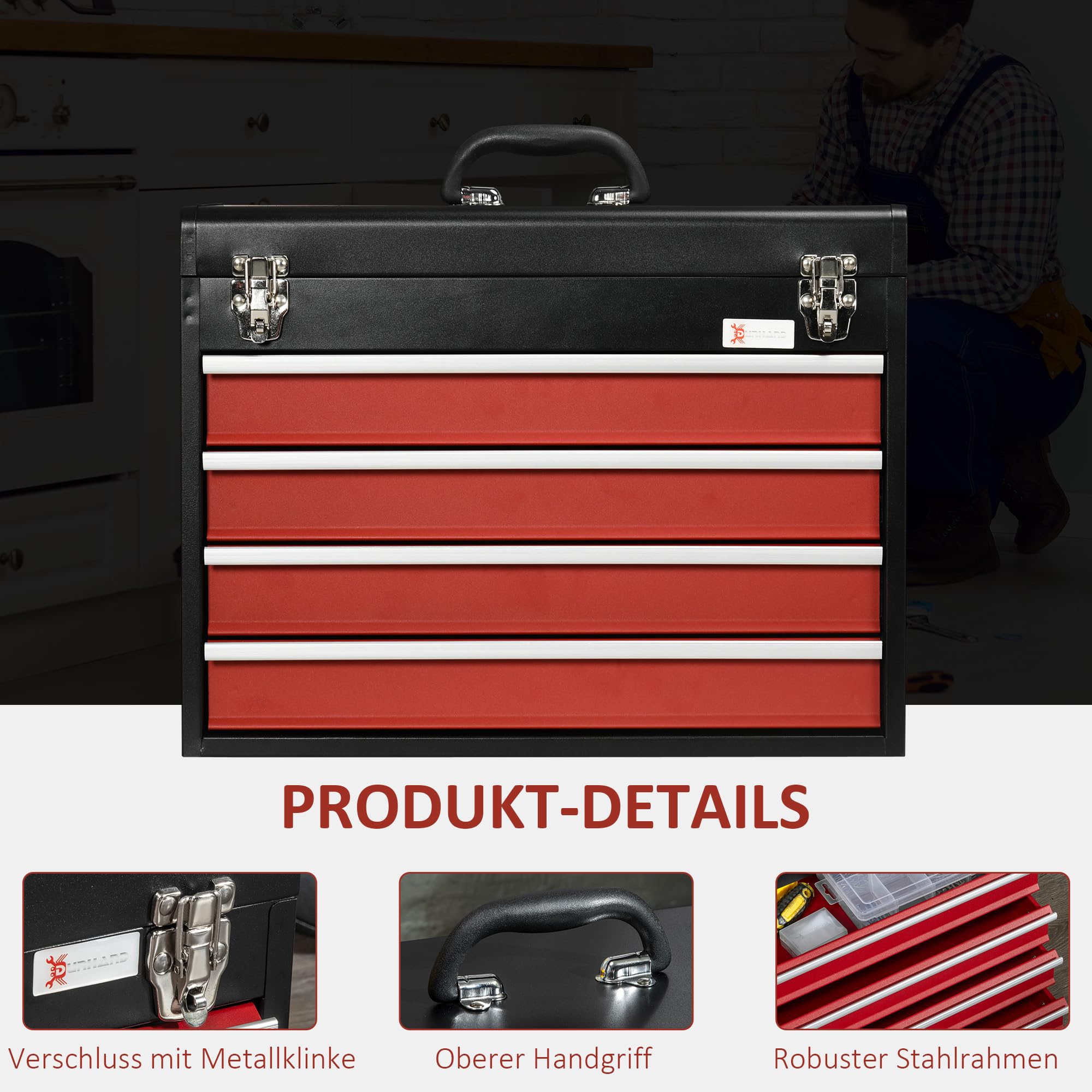 DURHAND Caja de Herramientas de Acero con 4 Cajones Tapa Abatible Bandeja Superior Cierres Metálicos y Asa Maletín de Herramientas Portátil para Taller Bricolaje Hogar 51x22x39,5 cm Negro y Rojo