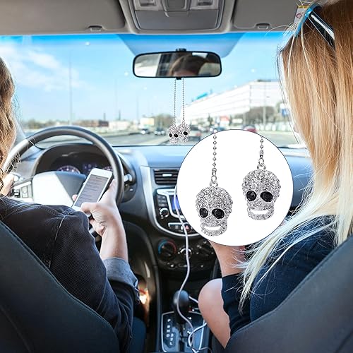 Miniatura 6 de OIIKI Accesorios brillantes para automóvil, dije colgante de calavera de diamantes de imitación de cristal, decoración de espejo retrovisor interior