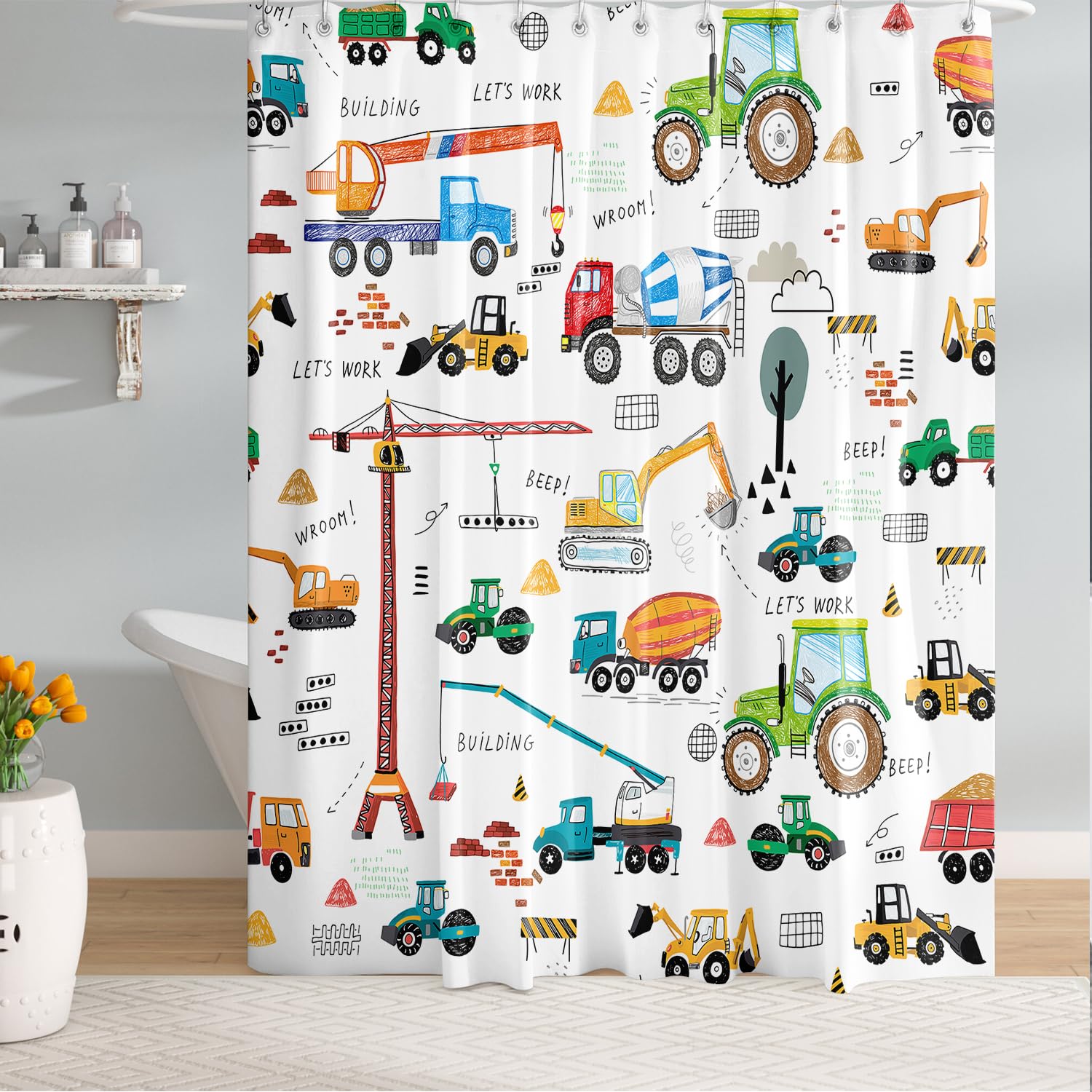 peopleareok excavator shower curtain cartoon tractor machinery trucks shower curtain construction vehicle bathroom curtains for boys 7234 w x 7234 l