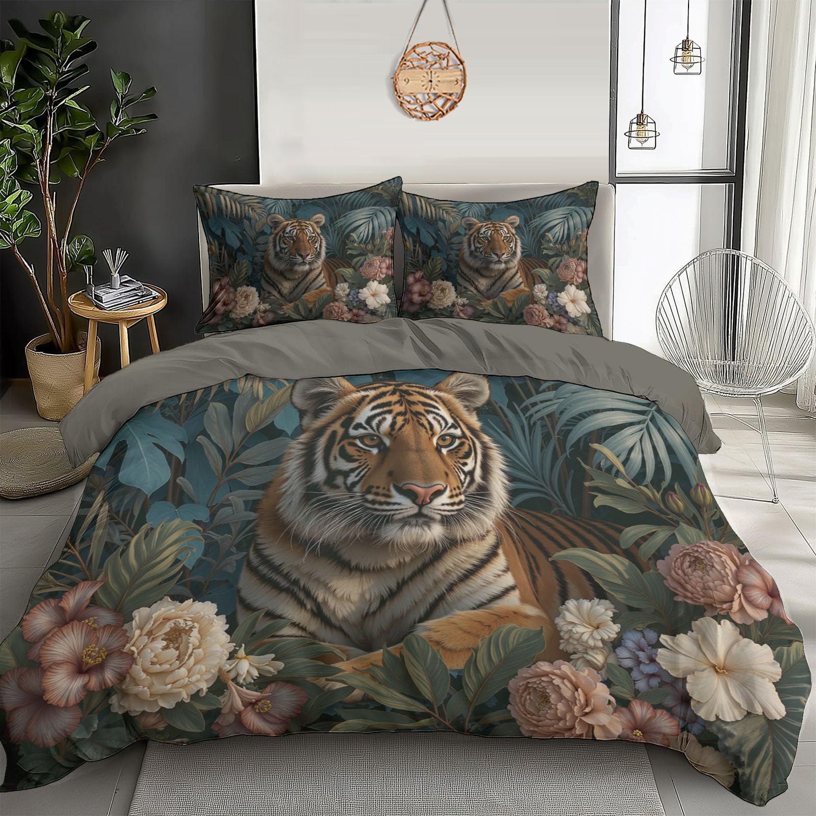 Parure de couette jungle tigre vert en microfibre avec taie d'oreiller 140x200