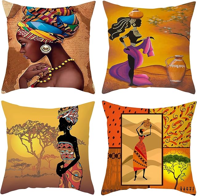 Black Woman Throw Pillow Covers Pack of 4 African Ethnic Tribal Pillow Cases Modern Art Square Decorative Cushion Covers for Sofa Couch 45x45 cm