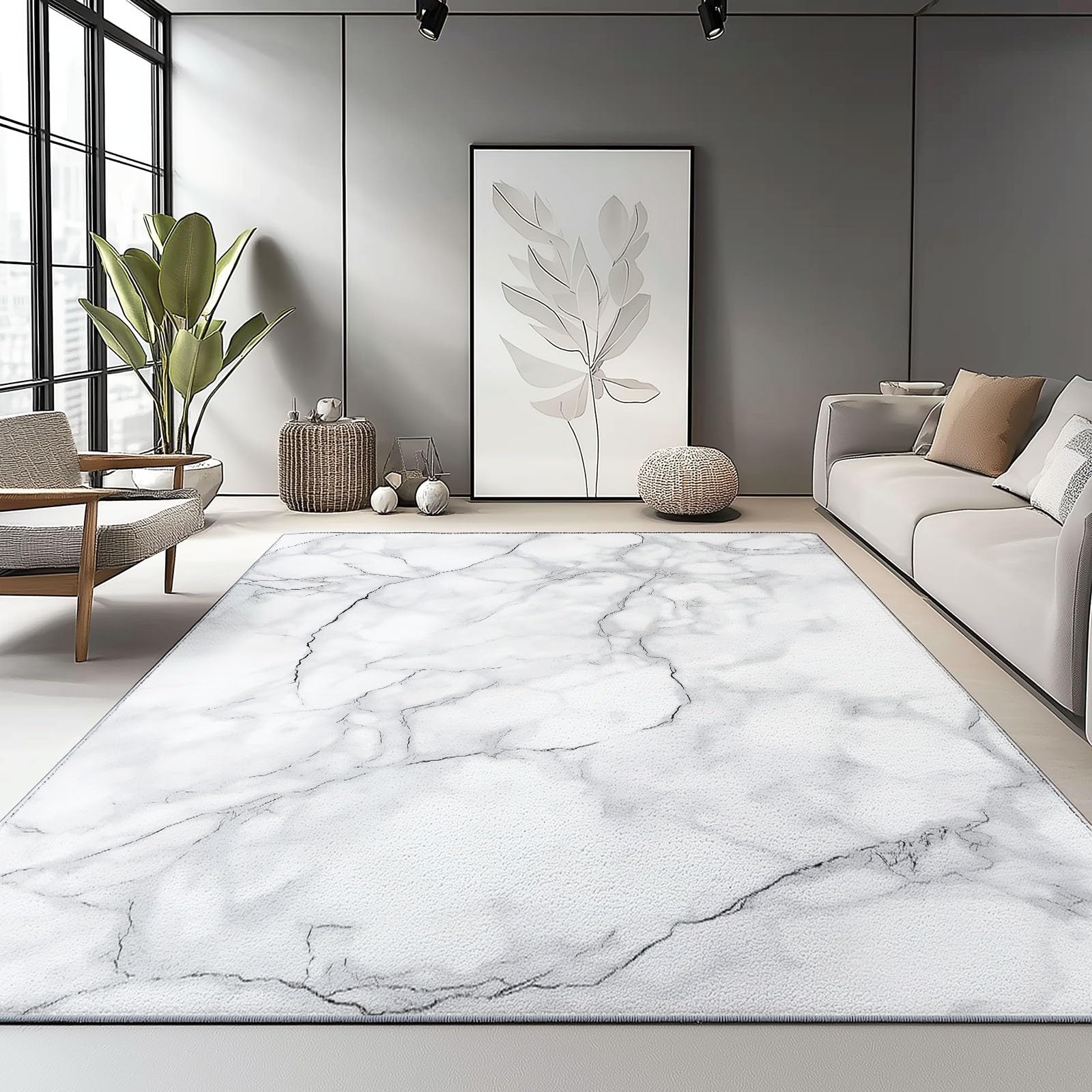 Tapis de salon en cachemire ultrafin blanc au design abstrait marbré