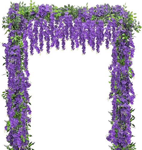 SHACOS 8 guirnaldas de glicina moradas de 7.2 piespieza, enredaderas de glicina artificiales de seda, flores colgantes, guirnalda de flores moradas,