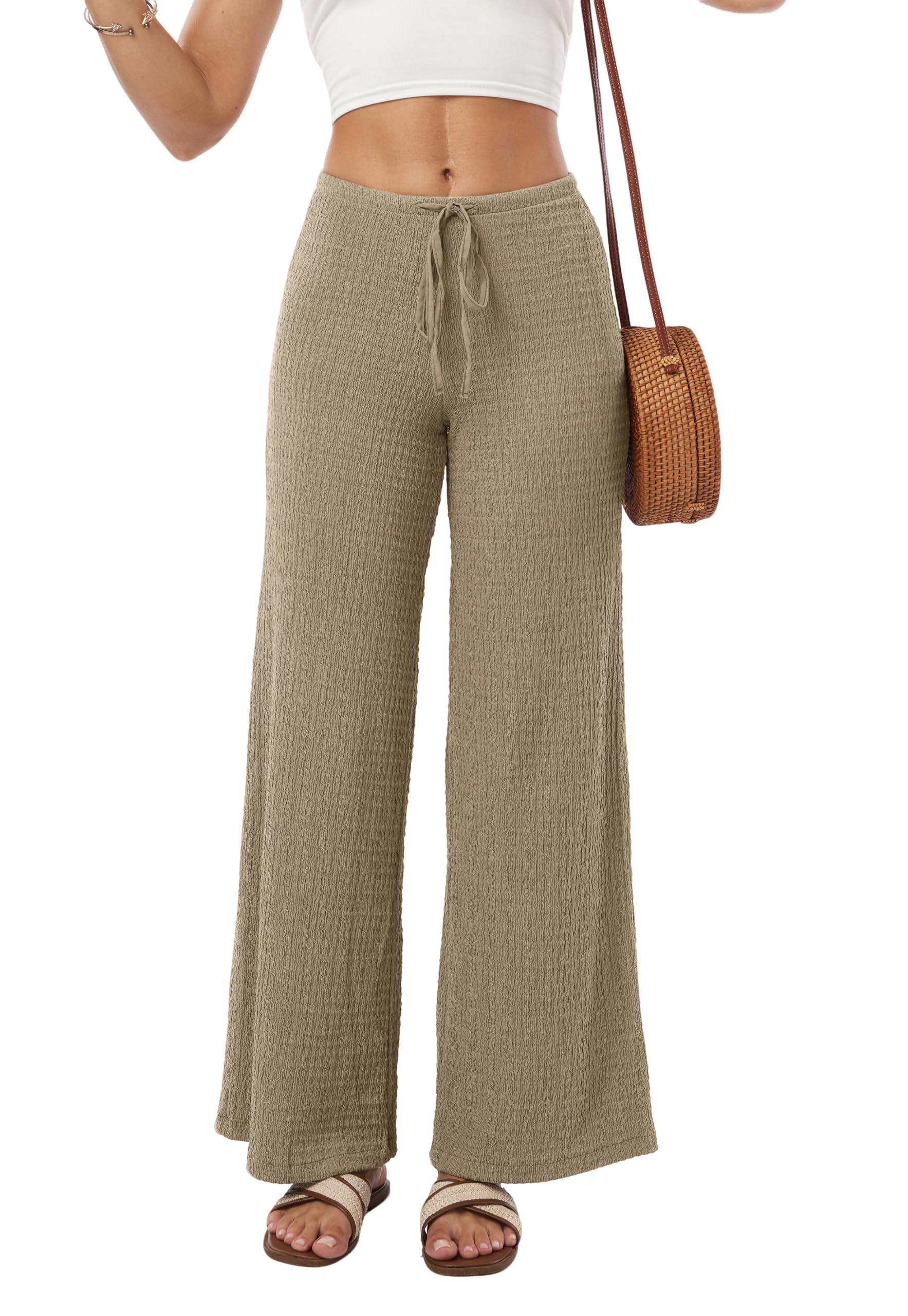 heipeiwa Womens Smocked Pants Textured Wide Straight Leg Trouser Casual Lounge Pant 2025 Beach Travel Vacation Outfits