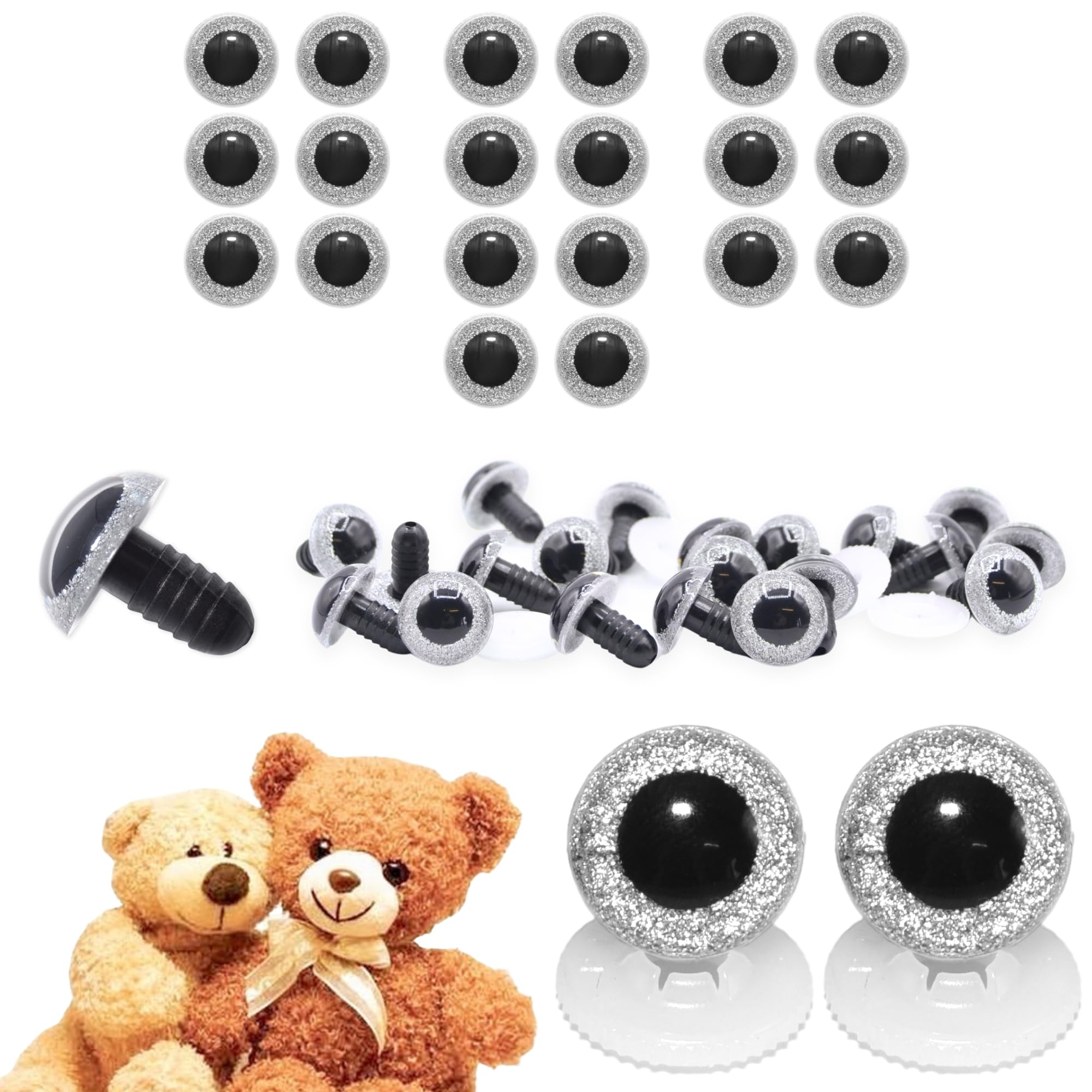 celloexpress 15mm Silver Glitter Eyes - Screw Type with Plastic Backs for Teddy Bear/Animal Soft Toy Making - Pack of 10 Pairs โ image 1