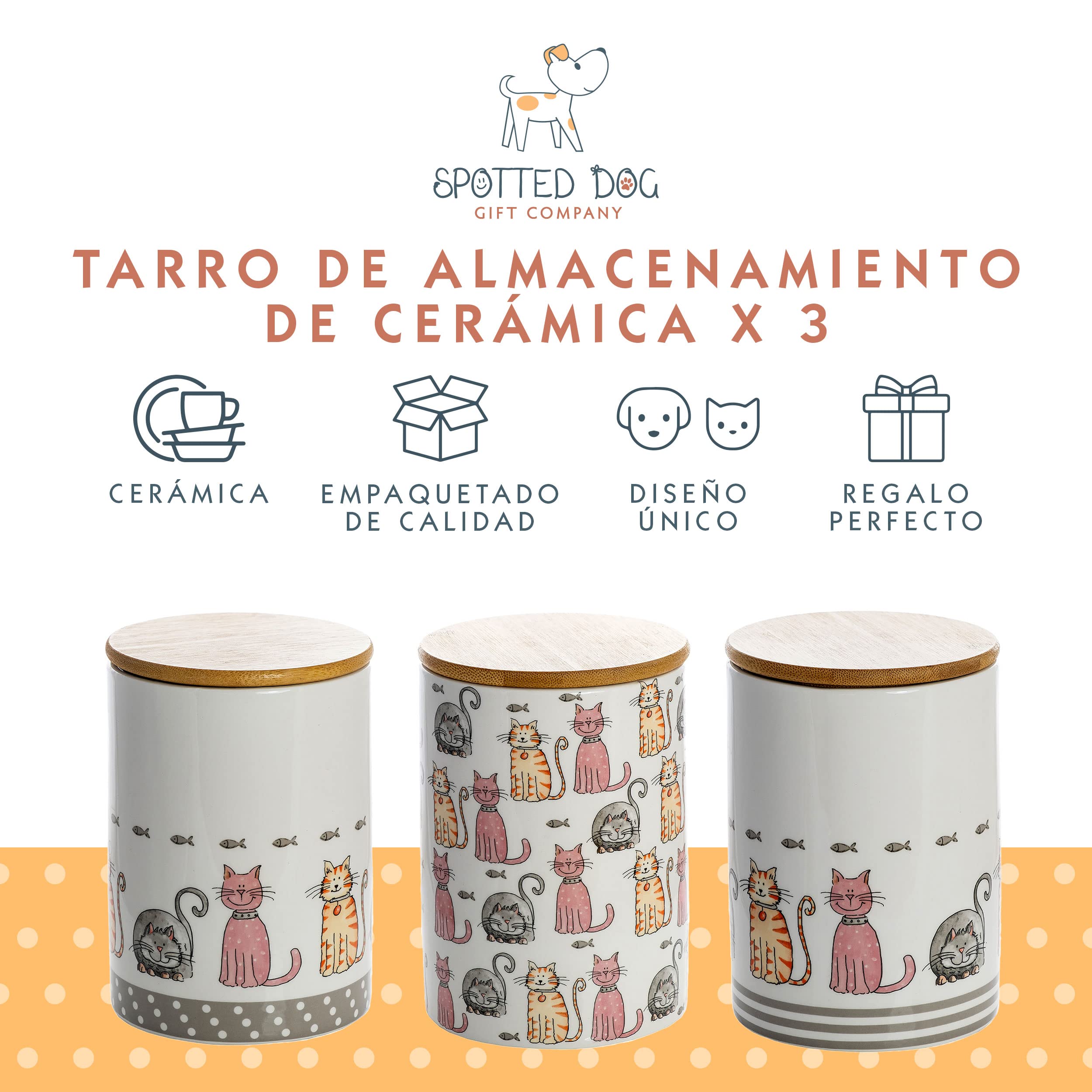 SPOTTED DOG GIFT COMPANY Juego de 3 Botes Cocina Almacenaje de Cerámica con Estampado de Gatos Lindos, Recipientes Herméticos para Alimentos con Tapa, Regalos para Amantes de los Gatos