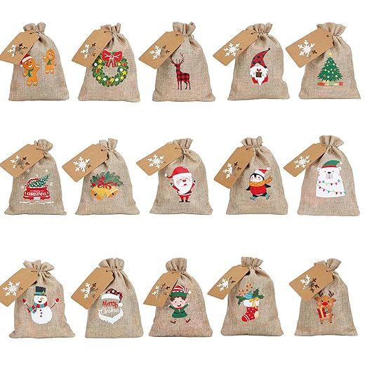 Moretoes 30 Pieces Christmas Burlap Gift Bags with Drawstrings, Gnomes Linen Wrapping Bags, Small Treat Candy Bags for Holiday New Year Party Favors Supplies, 15 Designs (Delicate Style, 7 x 5 Inch)