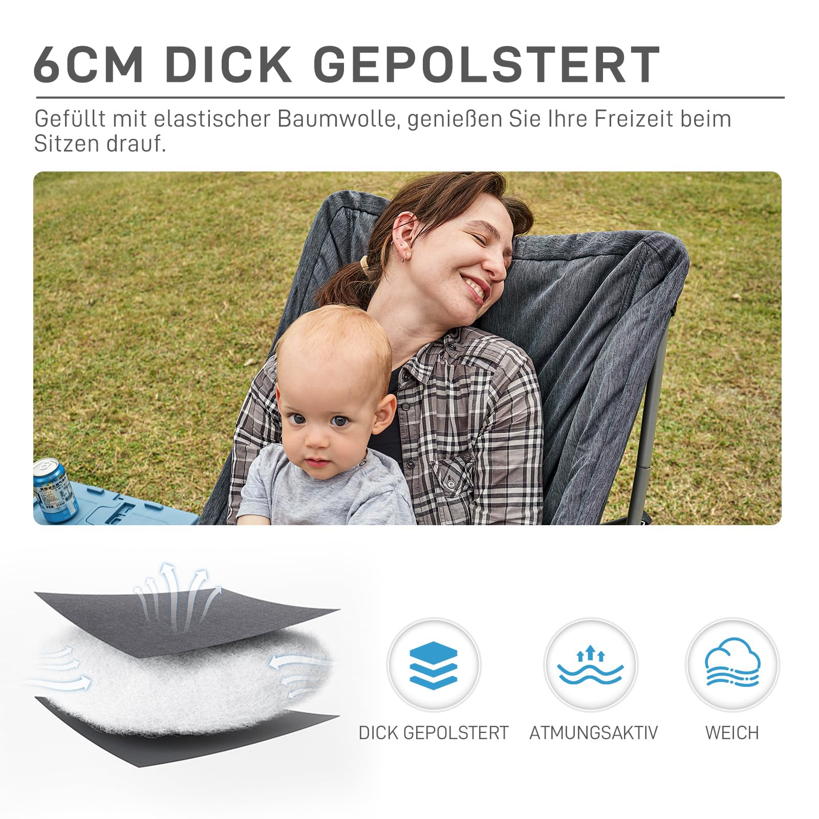 EVER ADVANCED Luxus Campingstuhl Faltbar 6CM Gepolstert, Klappstuhl 150KG Belastbar Kleines Packmaß, Extra Hohe Rückenlehne, Tragbarer Faltstuhl für Camping, Garten, Balkon, Picknick, Indoor