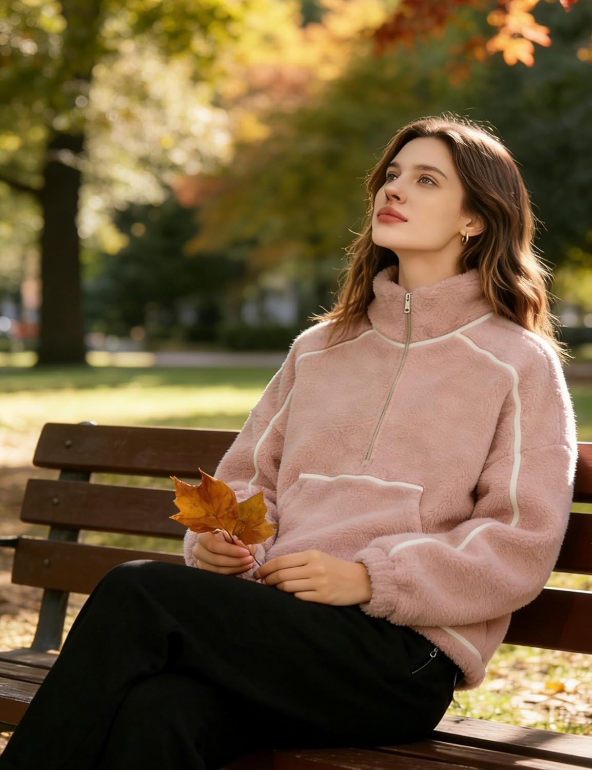 Women's Fleece Jacket Long Sleeve Half Zip Pullover Fuzzy Sherpa Sweatshirt Contrast Outerwear with Pockets - Image 7