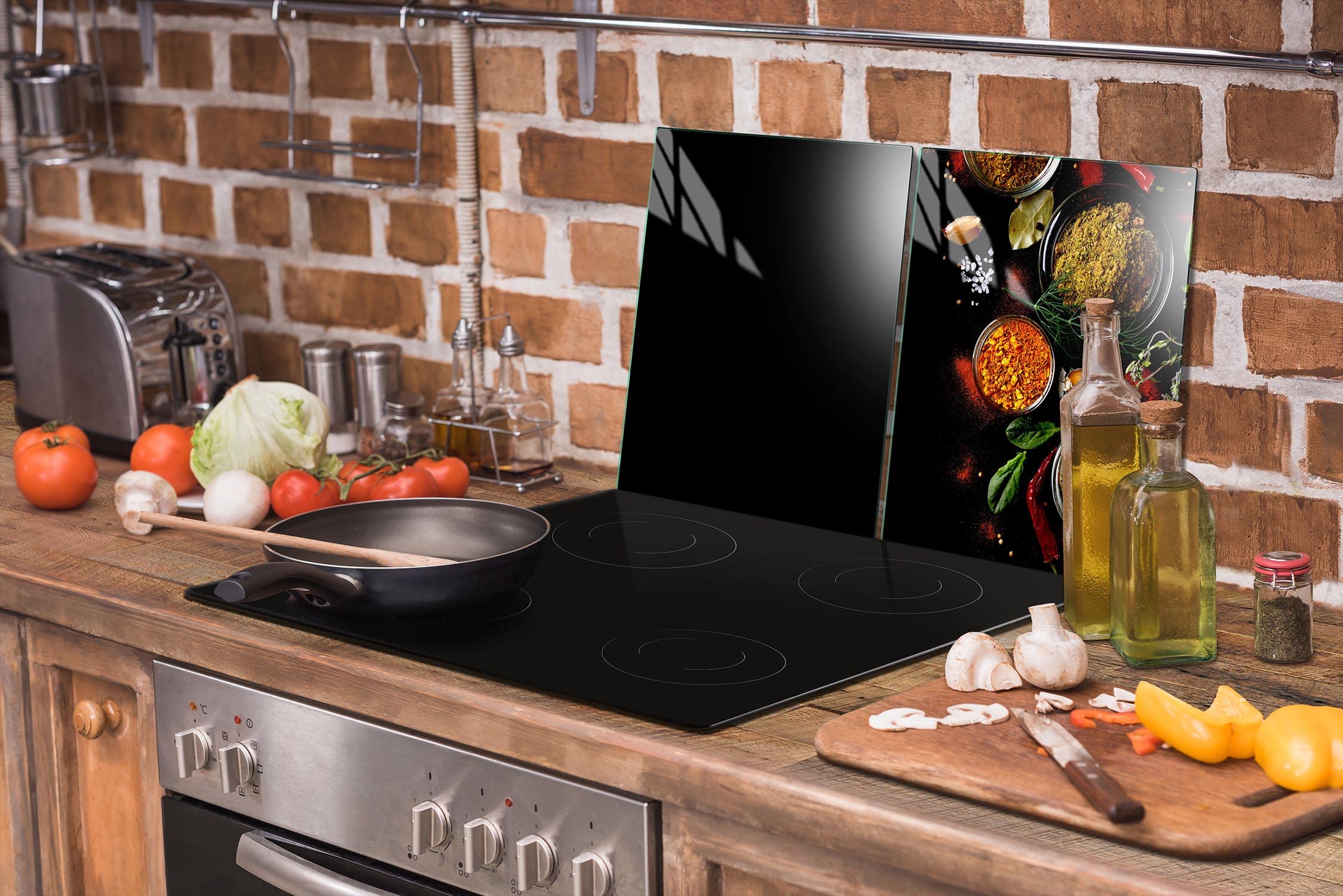 Placas de cocina de 2 piezas 2 x 45 x 52 cm cubierta de vitrocerámica, cocina eléctrica, inducción, protección contra salpicaduras, placa de cristal para cortar, ESPECIAS
