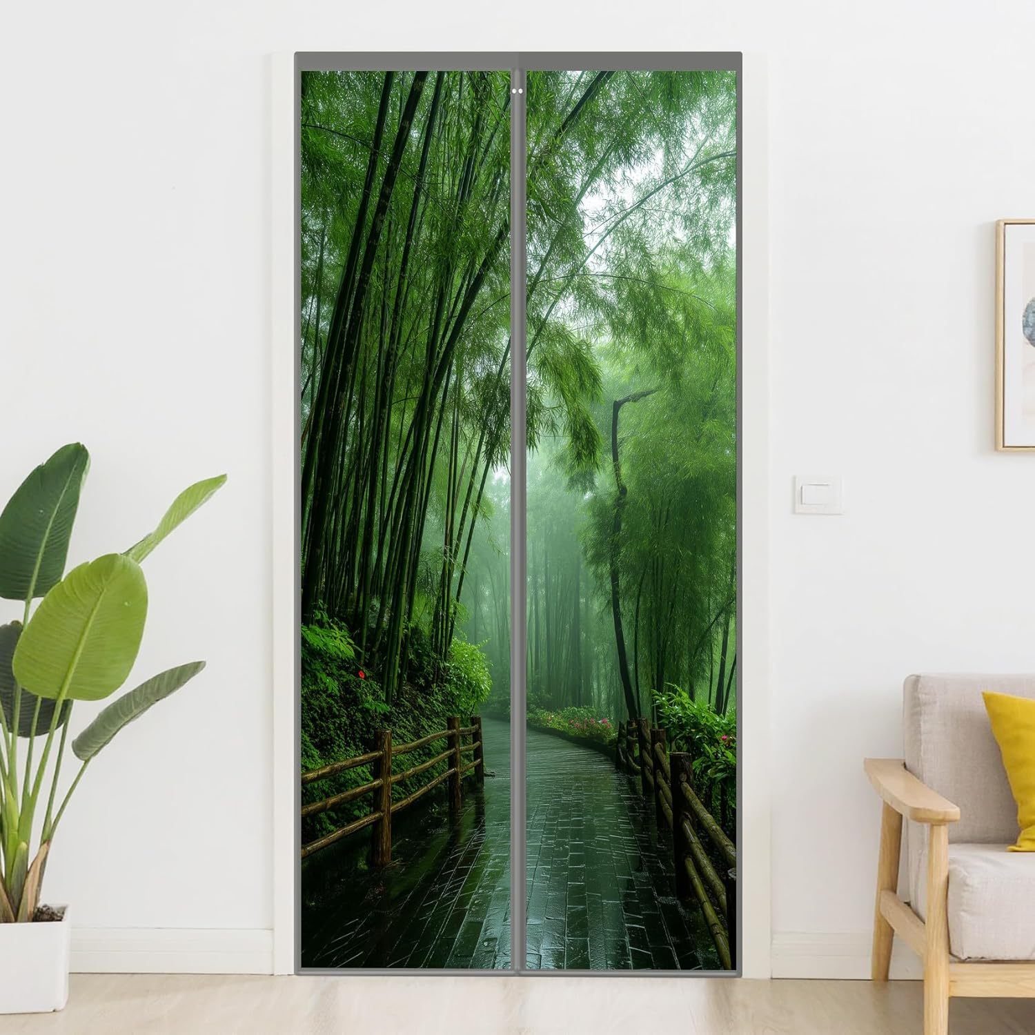 Woodland Door Curtain, Misty Landscape Green Botanical Magnetic Door Curtain, Self-Sealing Privacy Screen Door for Patio Bedroom Partition Keeps Bugs Out 36 x 80 Inch