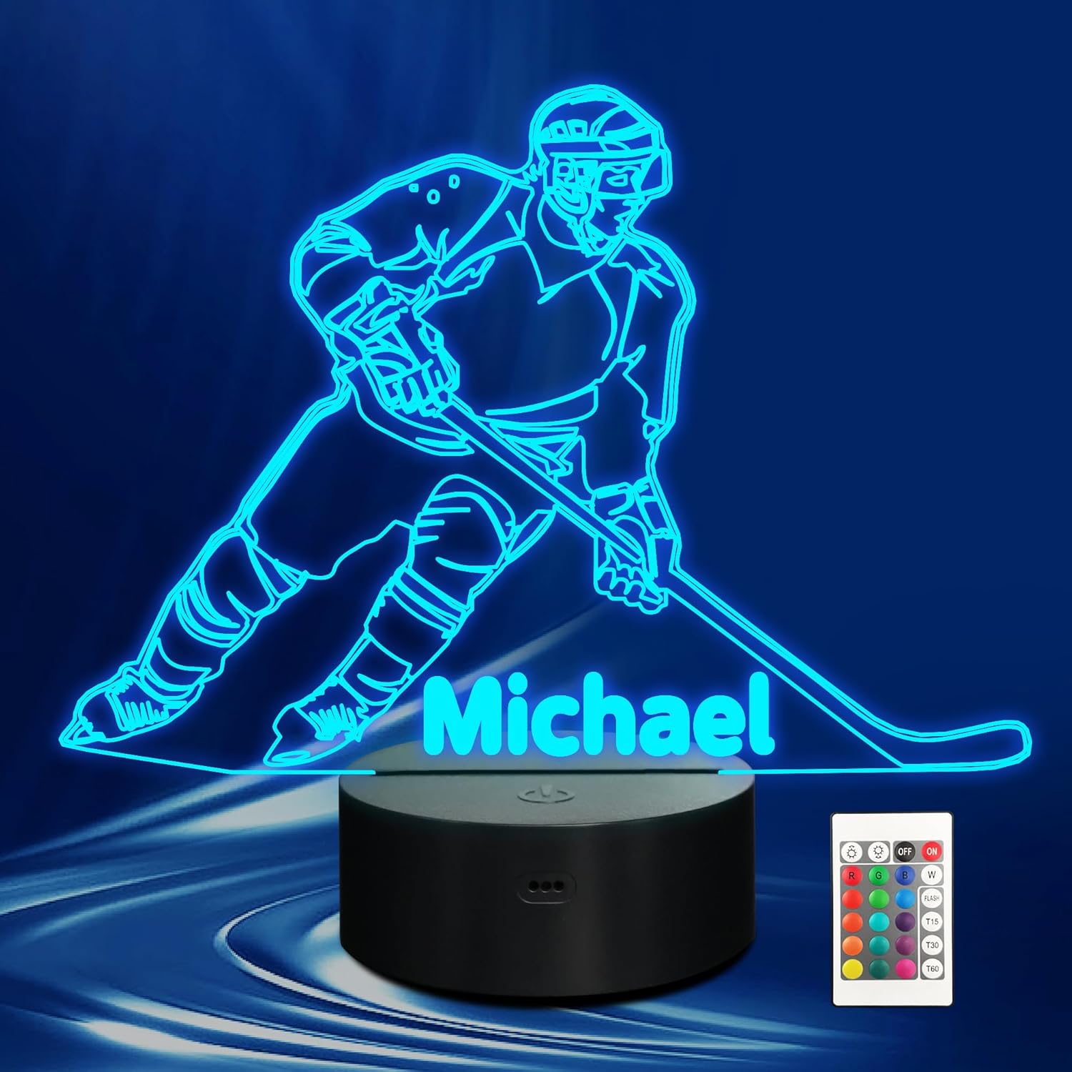 CoolGift Mart Customized Ice Hockey Night Light, 3D LED Optical Illusion Lamp with Remote Control and Timer, Perfect Christmas and Birthday Gift Idea for Boys, Kids, and Teen