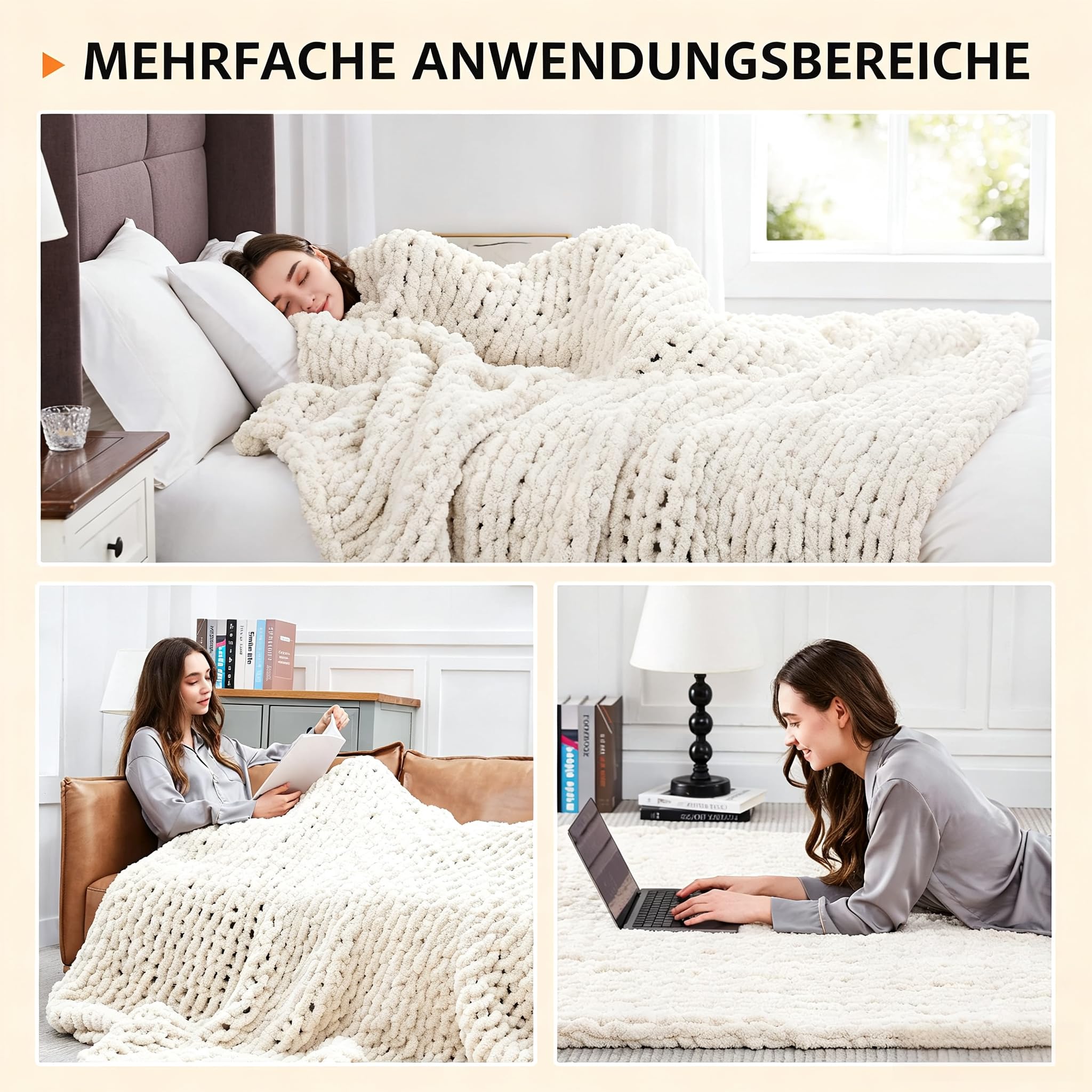L'AGRATY Couverture tricotée épaisse Ivoire (130 x 160 cm) - En fil chenille doux - Couverture tricotée à la main - Couverture douillette au crochet pour canapé, lit et décoration d'intérieur