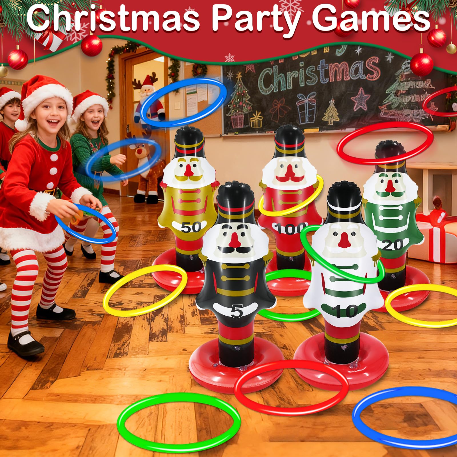 Juego De Lanzamiento De Aros Navideño - Con Cascanueces Inflables, Para Fiestas Familiares O Escolares