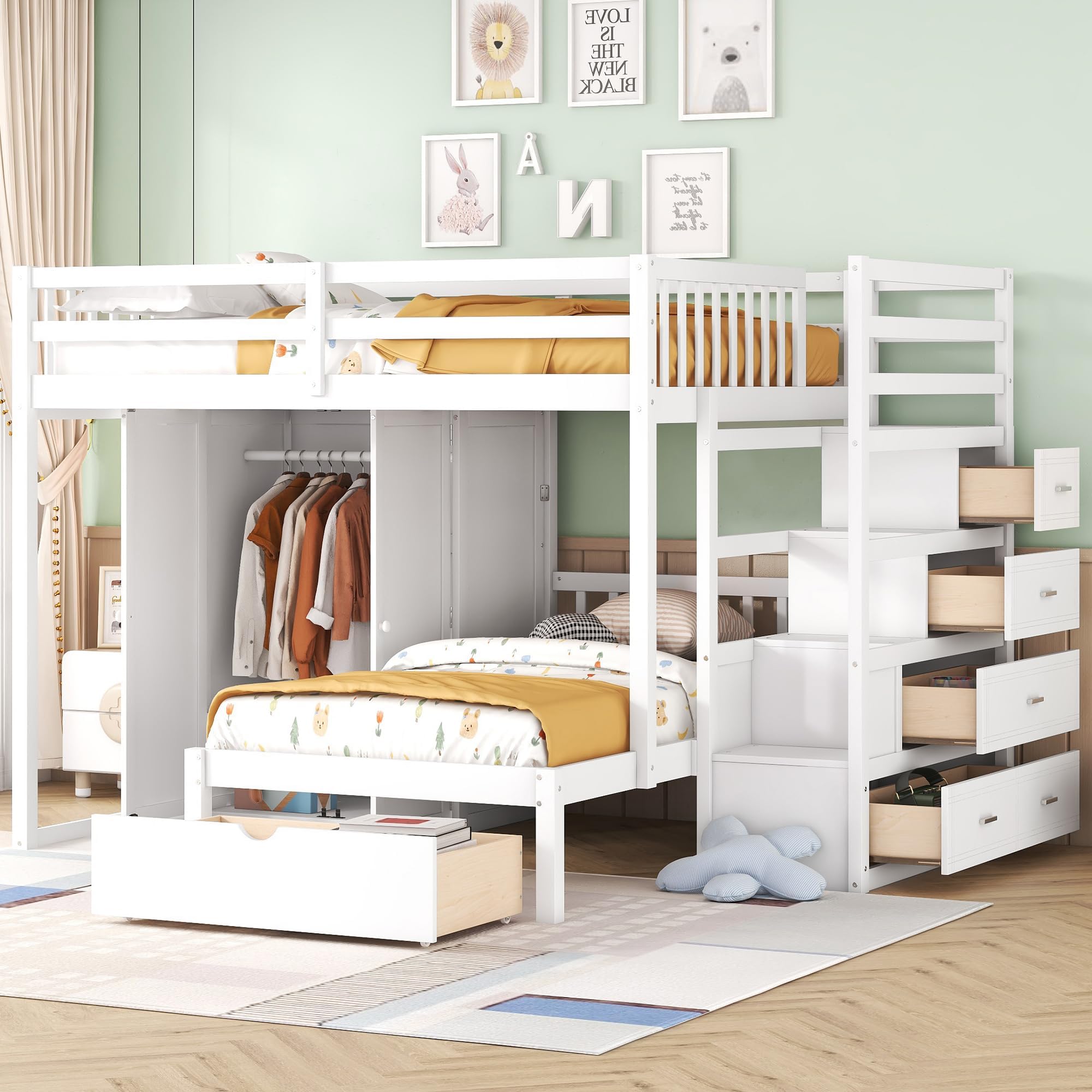 Merax Full Over Twin Bunk Bed with Wardrobe, Drawers, White