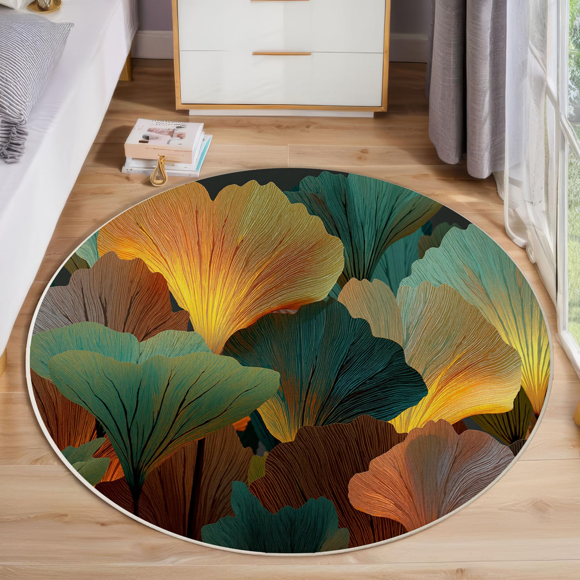 Tapis rond 80cm ginkgo abstrait et lavable pour salon