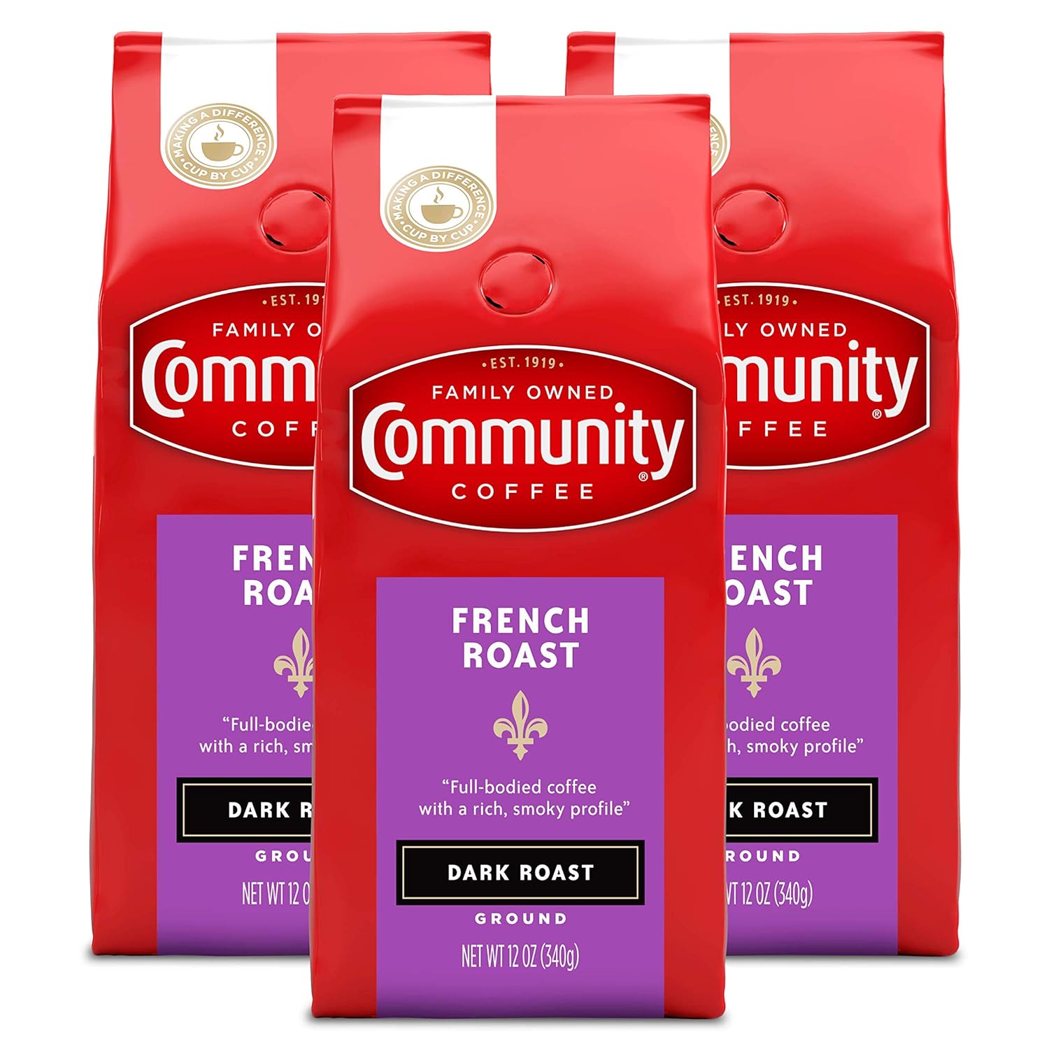 Community Coffee dark Roast Dark Roast Ground 32 oz 4 ct Gable Top 12 Ounce (Pack of 4)