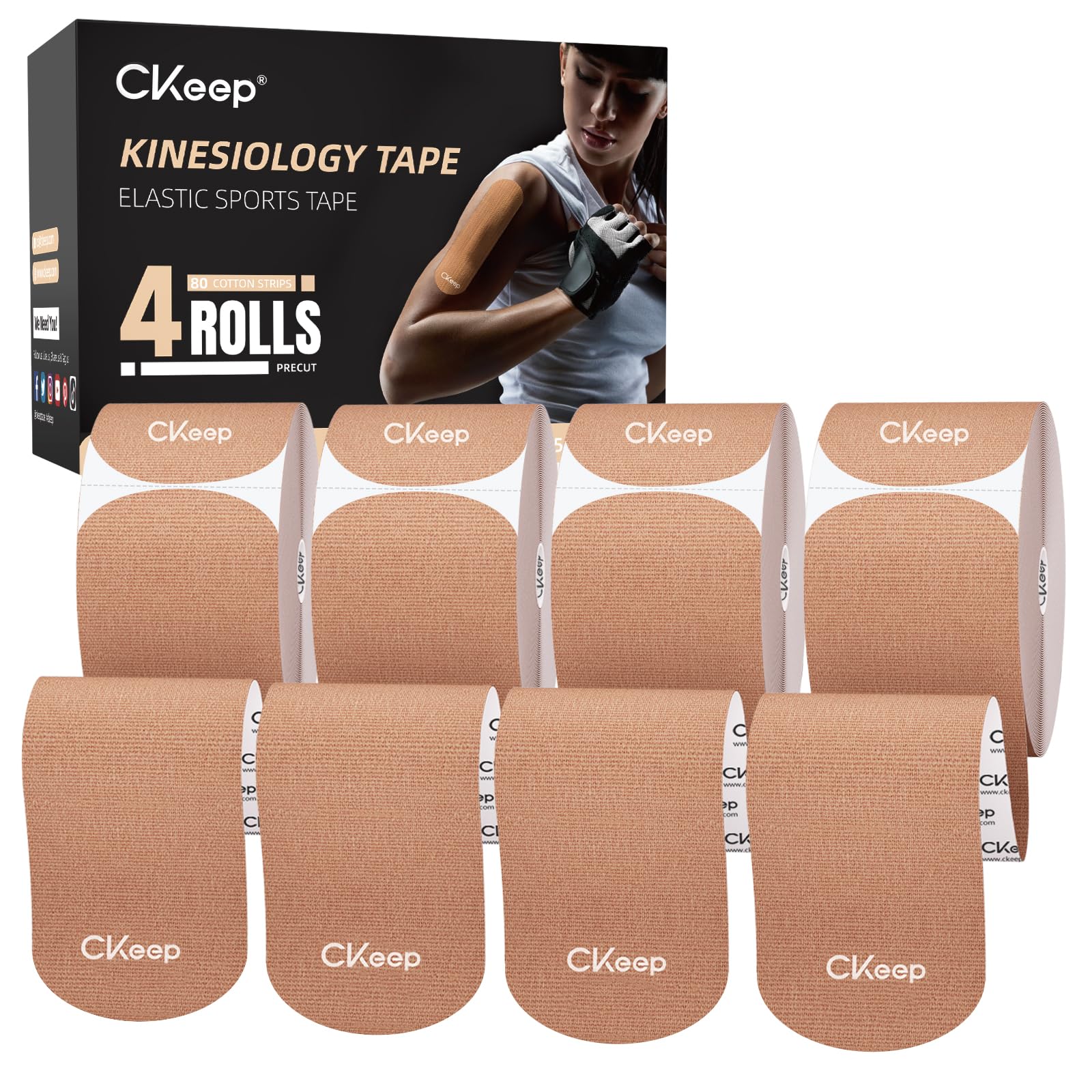 CKeep Kinesiology Tape, Original Cotton Elastic Precut Strips 4 Rolls,Beige